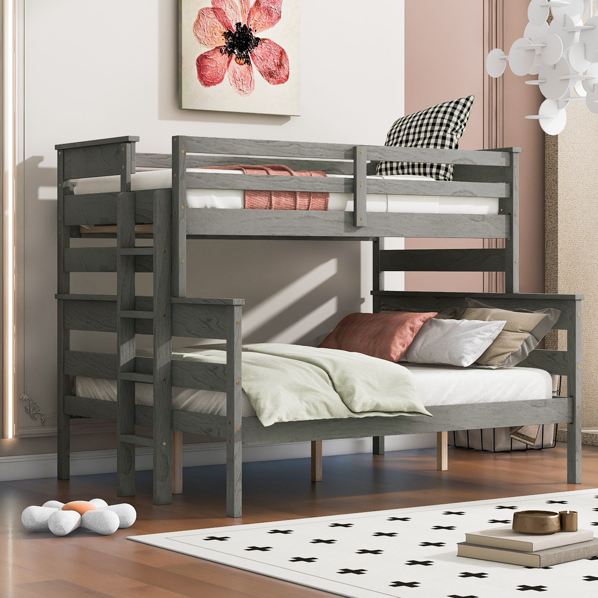 Wood Twin XL over Full/Queen Bunk Bed with Ladder, Gray/White 