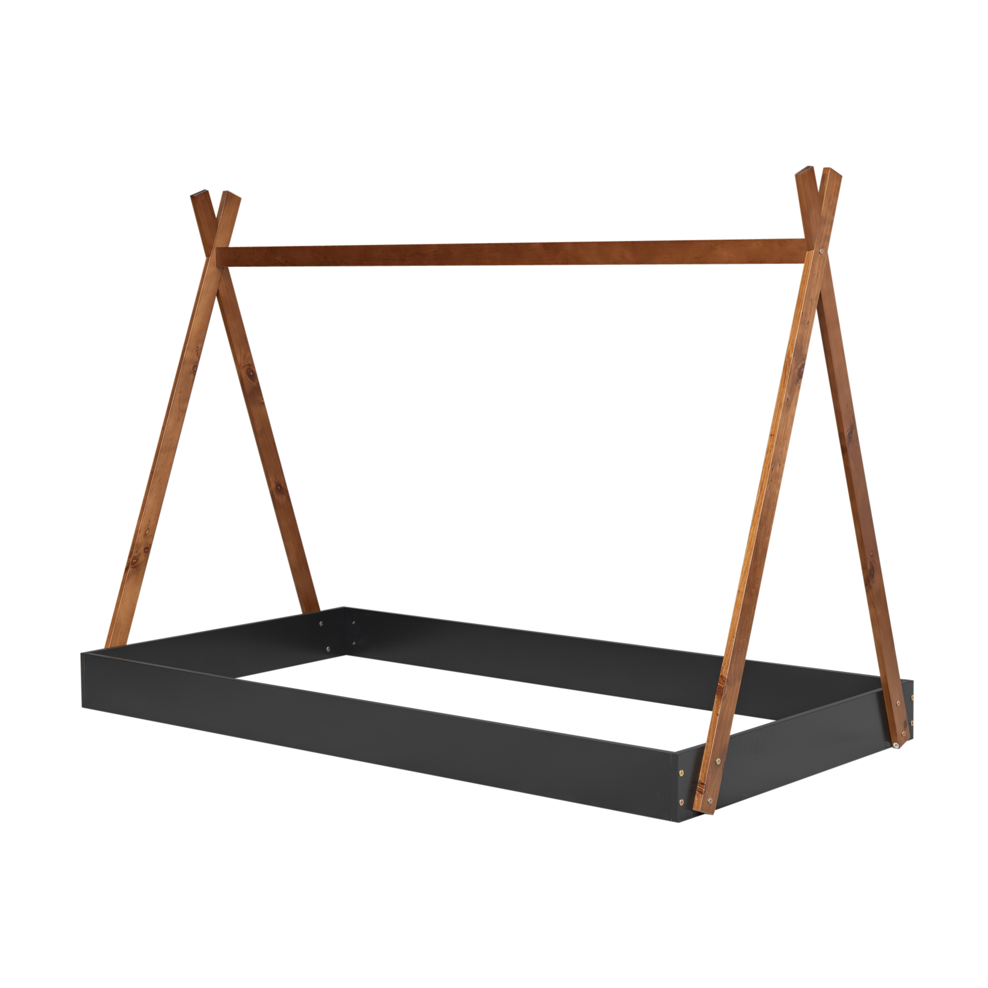 Twin Size Tent Floor Bed with Triangle Structure, White+Natural/Black+Brown 