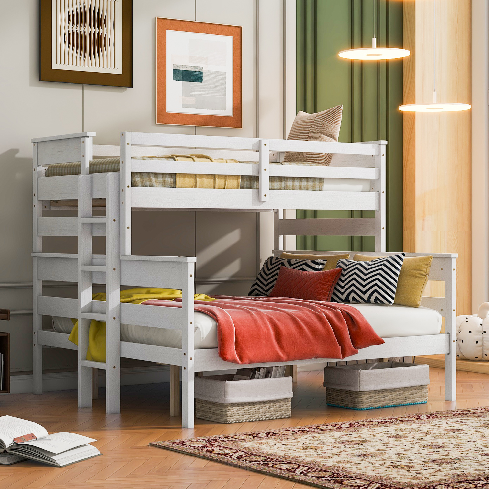 Wood Twin XL over Full/Queen Bunk Bed with Ladder, Gray/White 