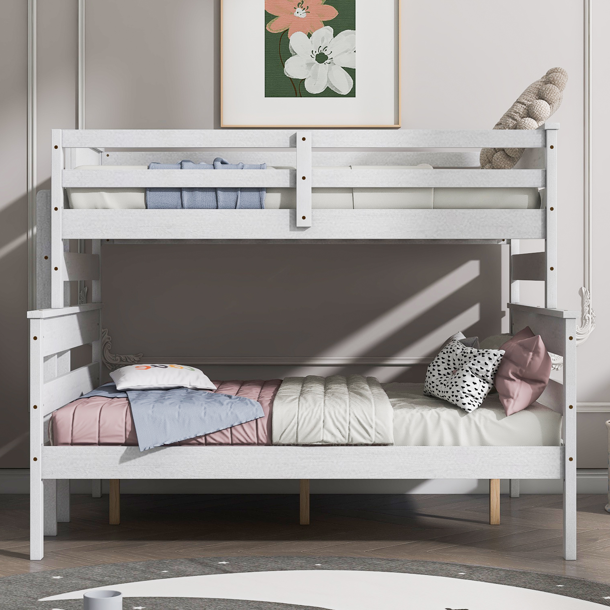 Wood Twin XL over Full/Queen Bunk Bed with Ladder, Gray/White 