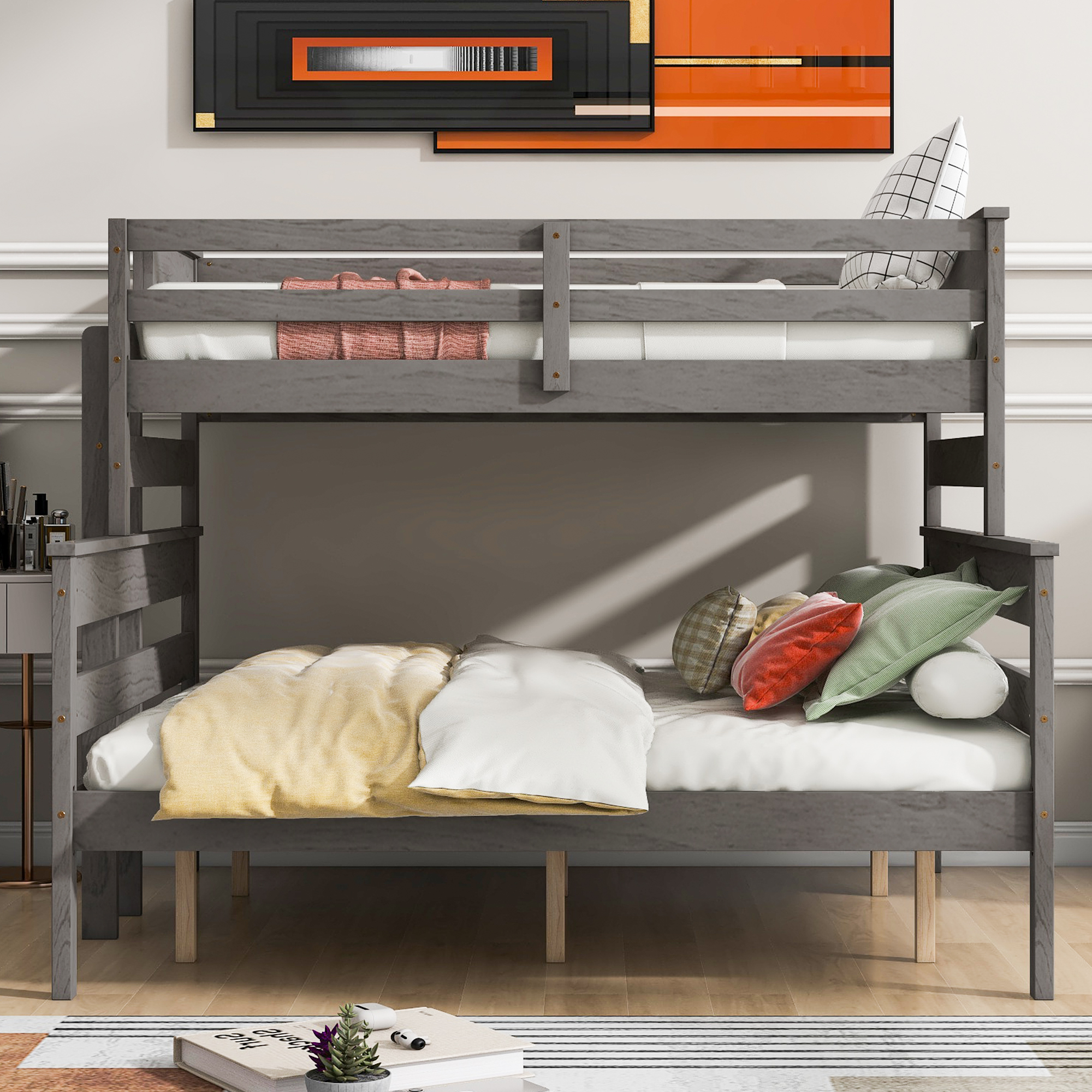 Wood Twin XL over Full/Queen Bunk Bed with Ladder, Gray/White 