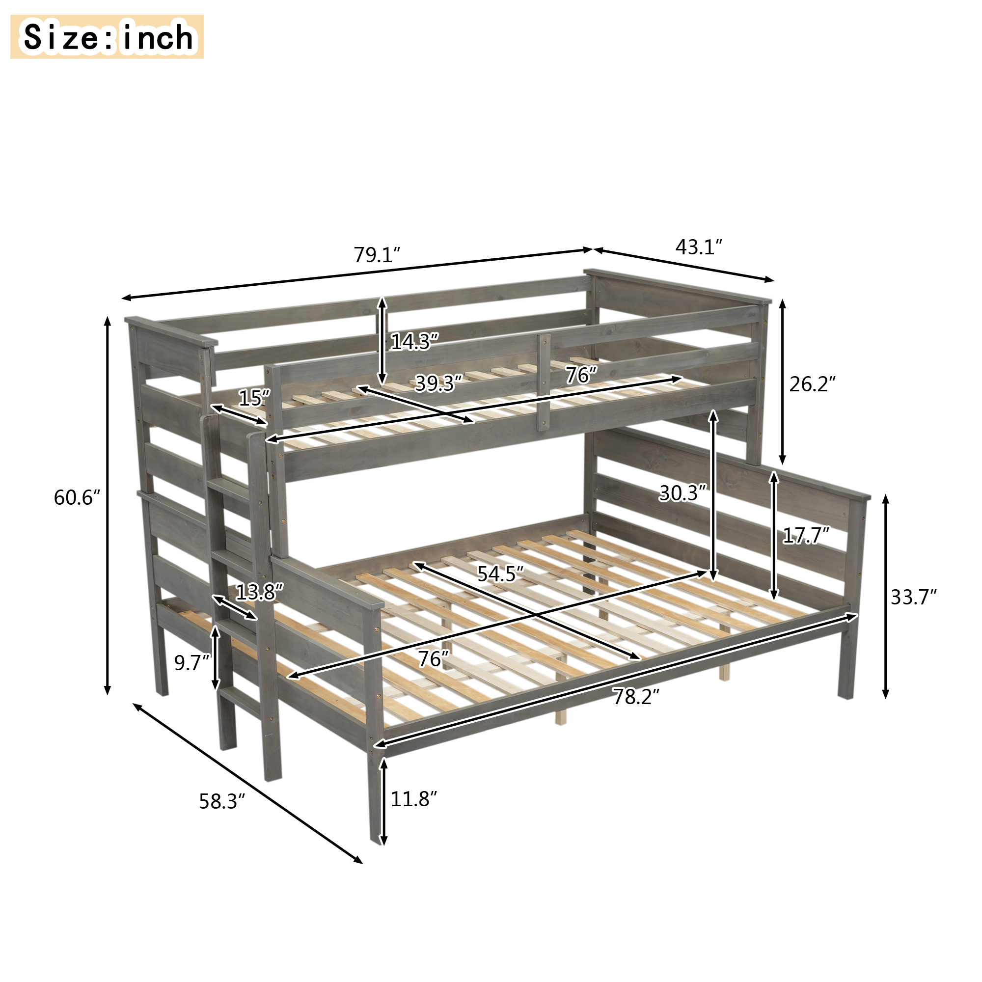 Wood Twin XL over Full/Queen Bunk Bed with Ladder, Gray/White 