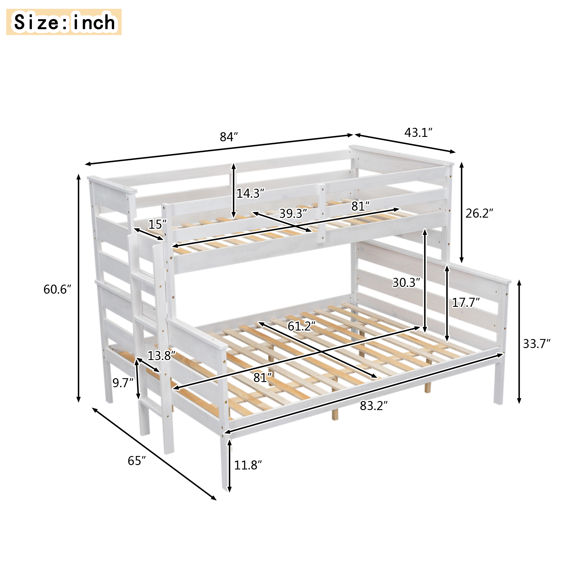 Wood Twin XL over Full/Queen Bunk Bed with Ladder, Gray/White 