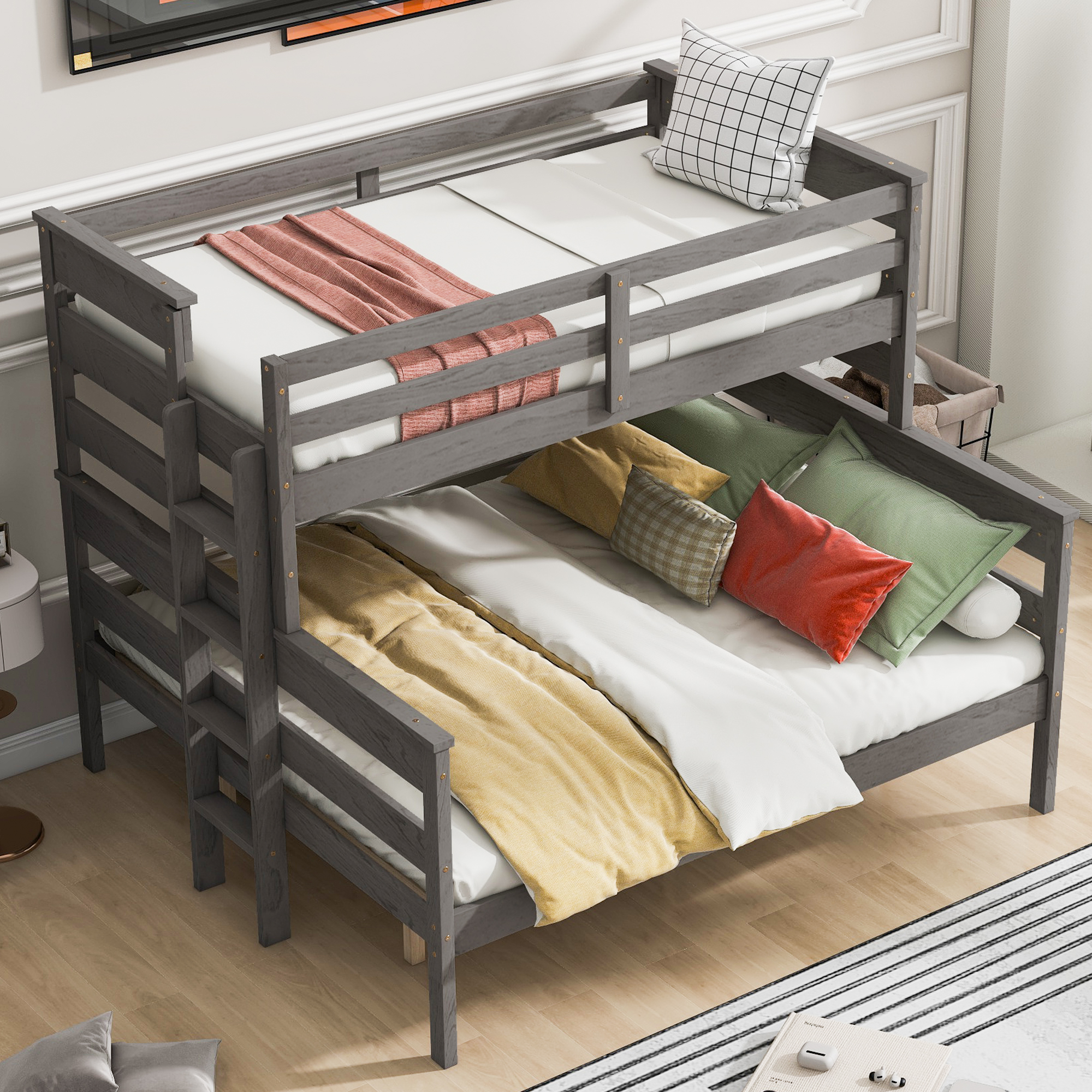 Wood Twin XL over Full/Queen Bunk Bed with Ladder, Gray/White 