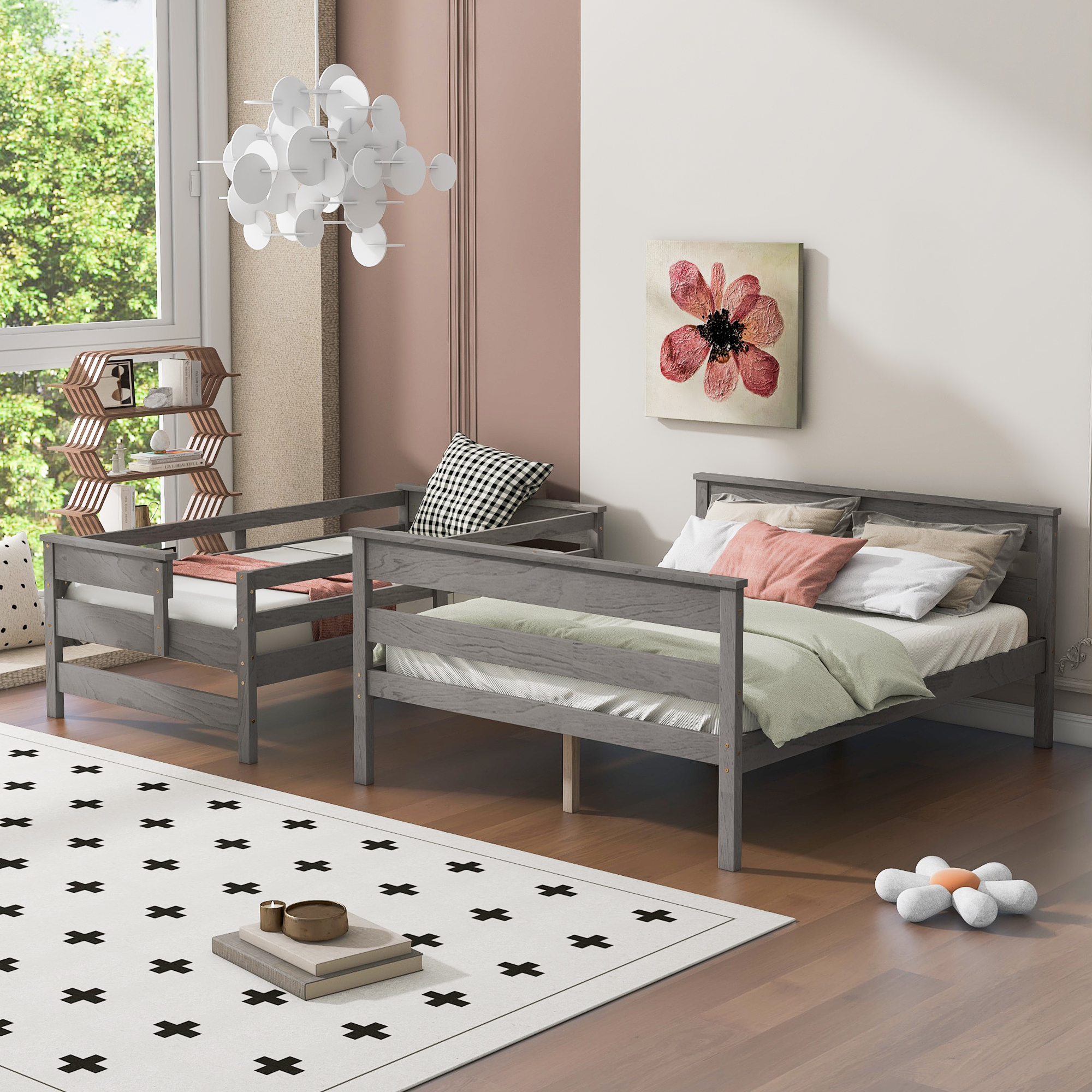 Wood Twin XL over Full/Queen Bunk Bed with Ladder, Gray/White 