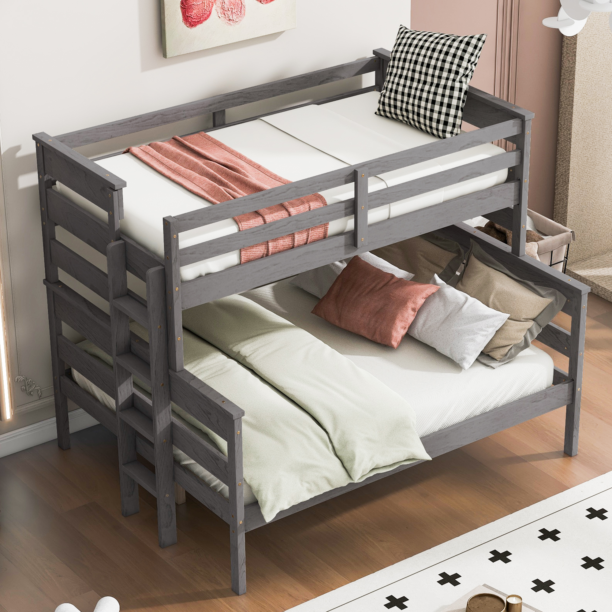 Wood Twin XL over Full/Queen Bunk Bed with Ladder, Gray/White 