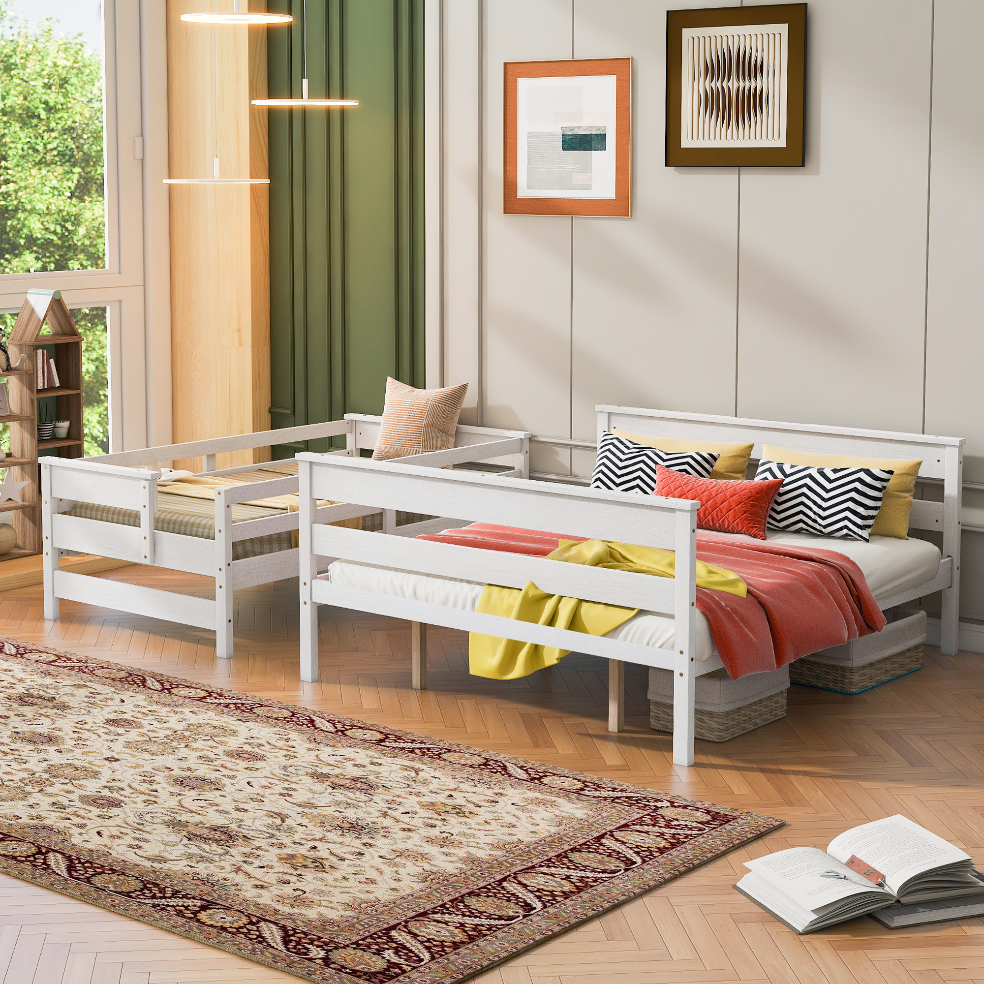 Wood Twin XL over Full/Queen Bunk Bed with Ladder, Gray/White 