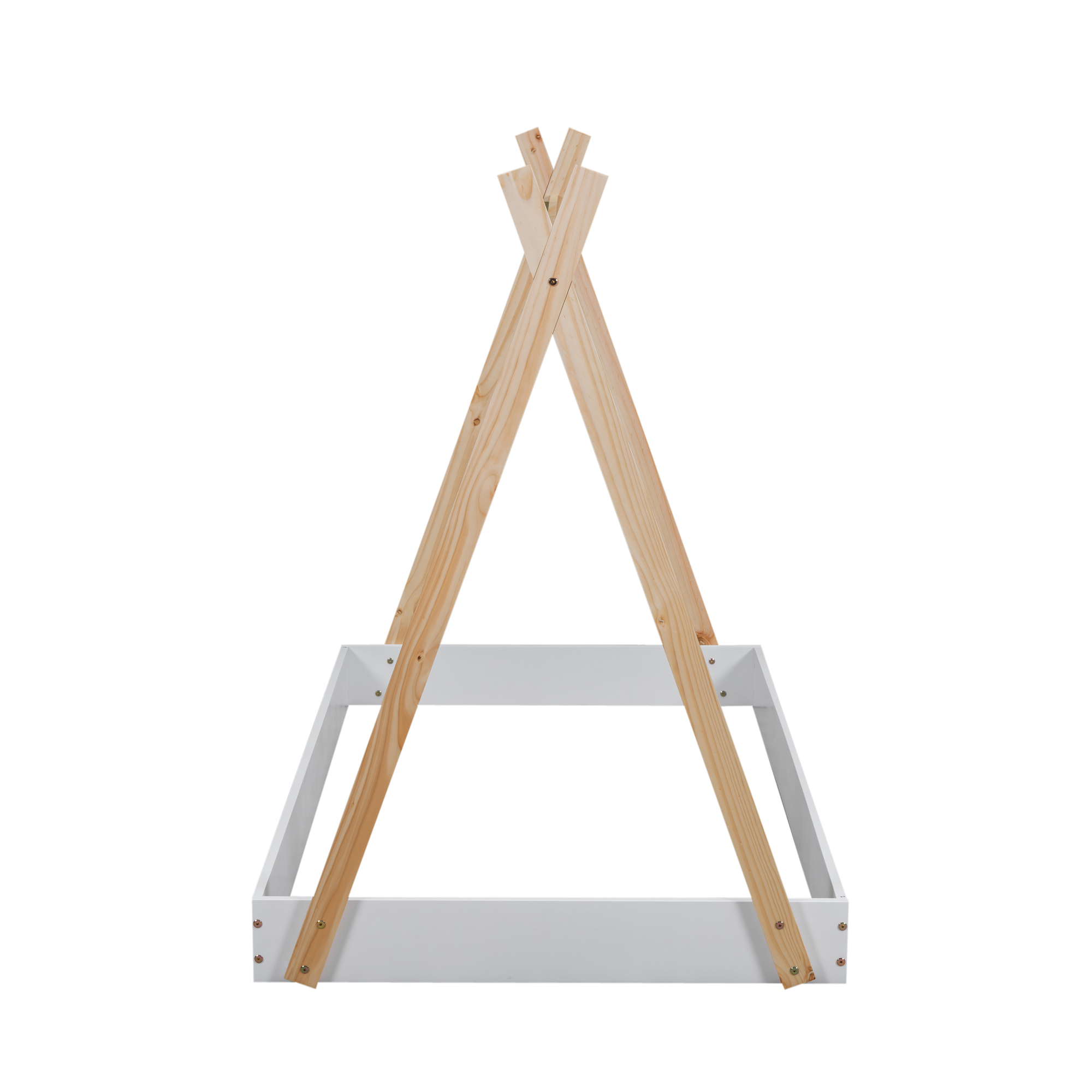 Twin Size Tent Floor Bed with Triangle Structure, White+Natural/Black+Brown 