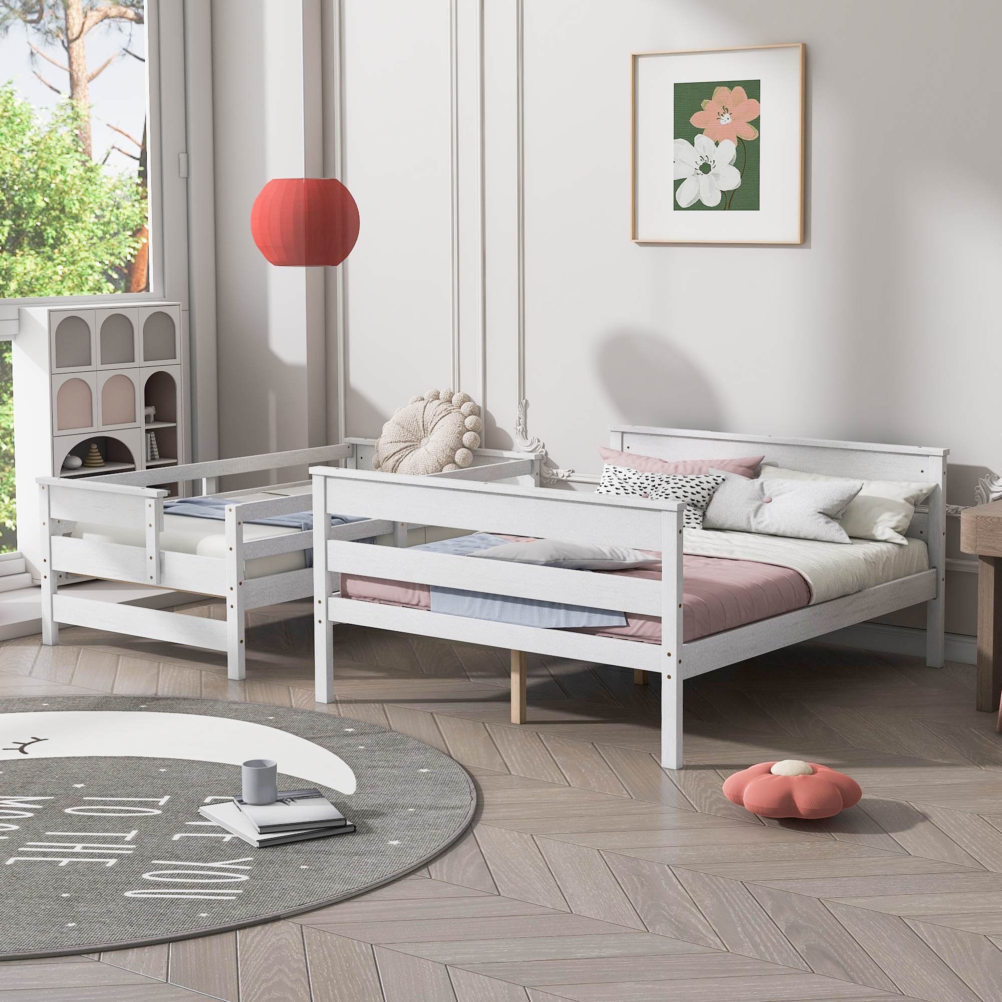 Wood Twin XL over Full/Queen Bunk Bed with Ladder, Gray/White 