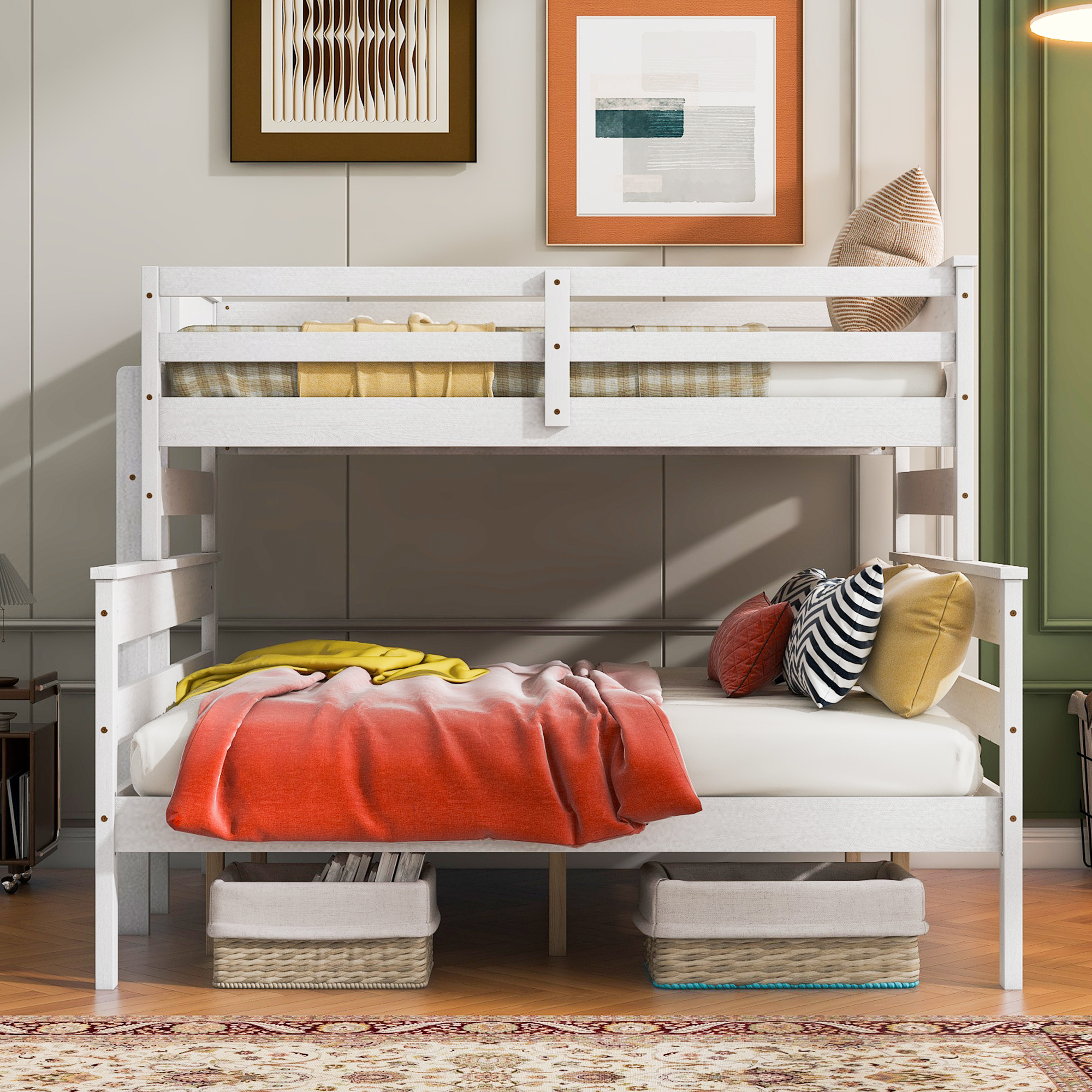 Wood Twin XL over Full/Queen Bunk Bed with Ladder, Gray/White 