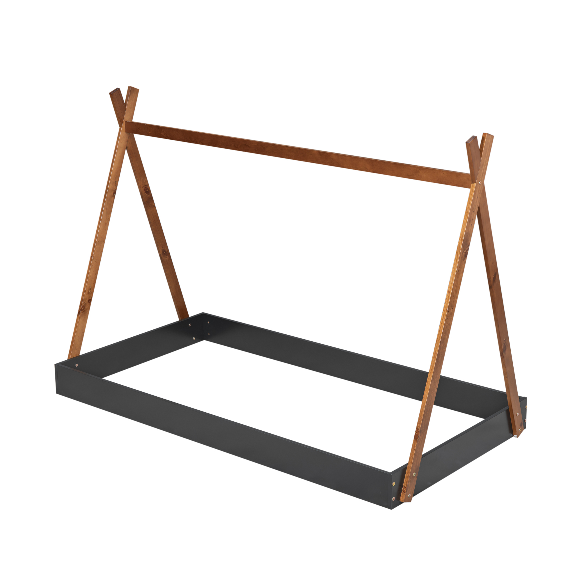 Twin Size Tent Floor Bed with Triangle Structure, White+Natural/Black+Brown 