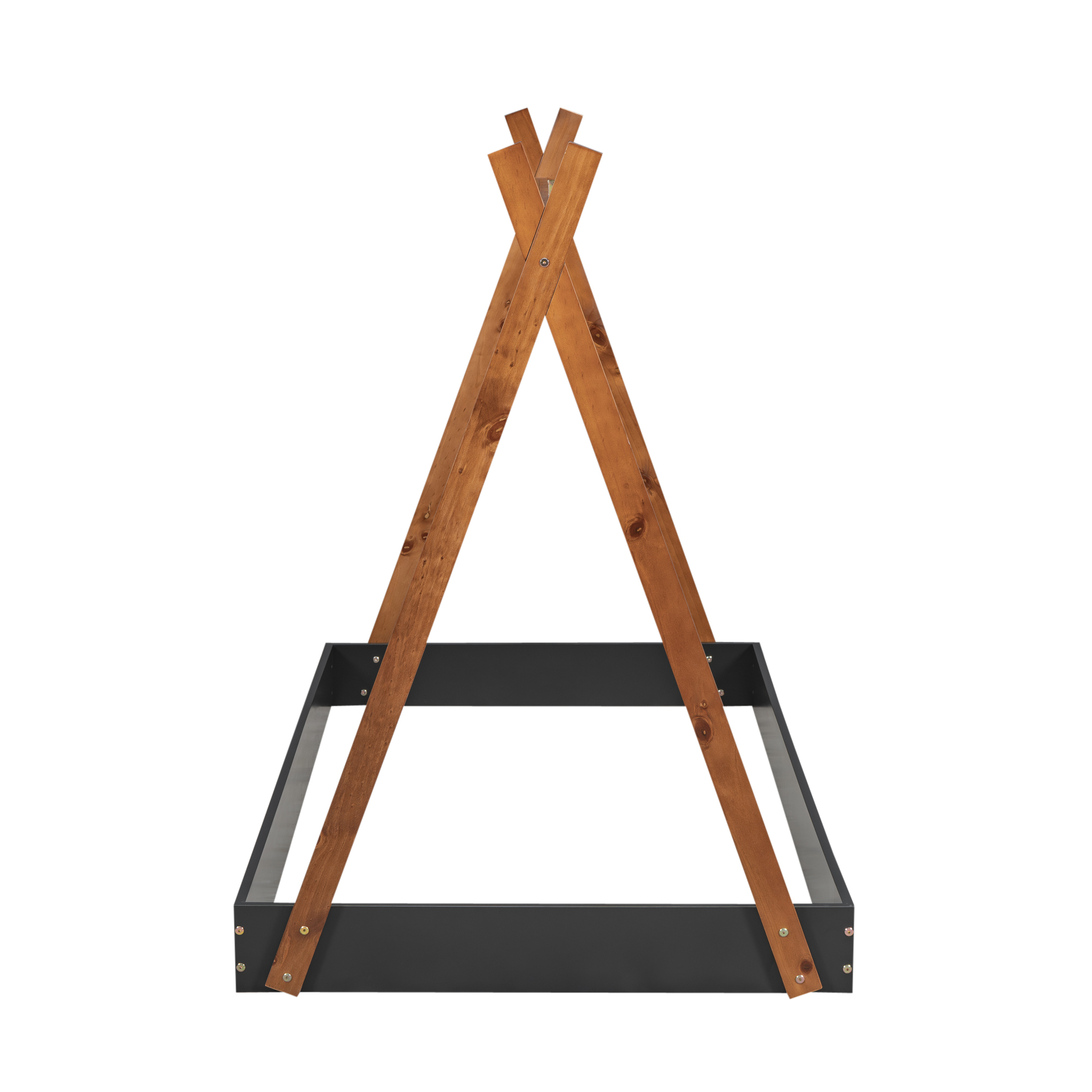 Twin Size Tent Floor Bed with Triangle Structure, White+Natural/Black+Brown 