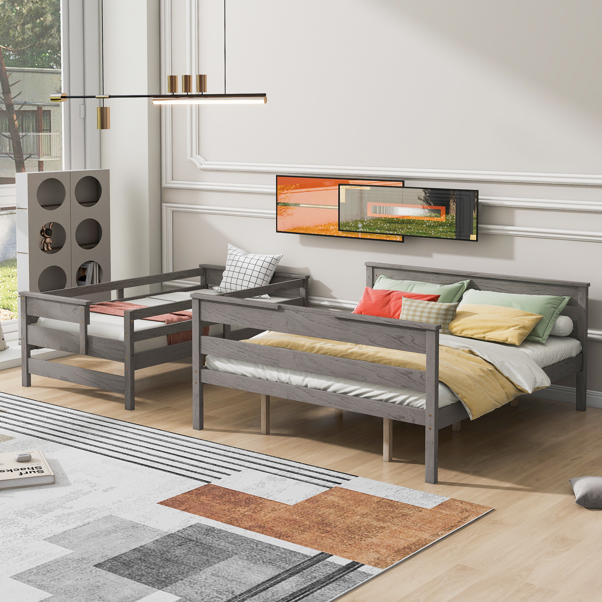 Wood Twin XL over Full/Queen Bunk Bed with Ladder, Gray/White 