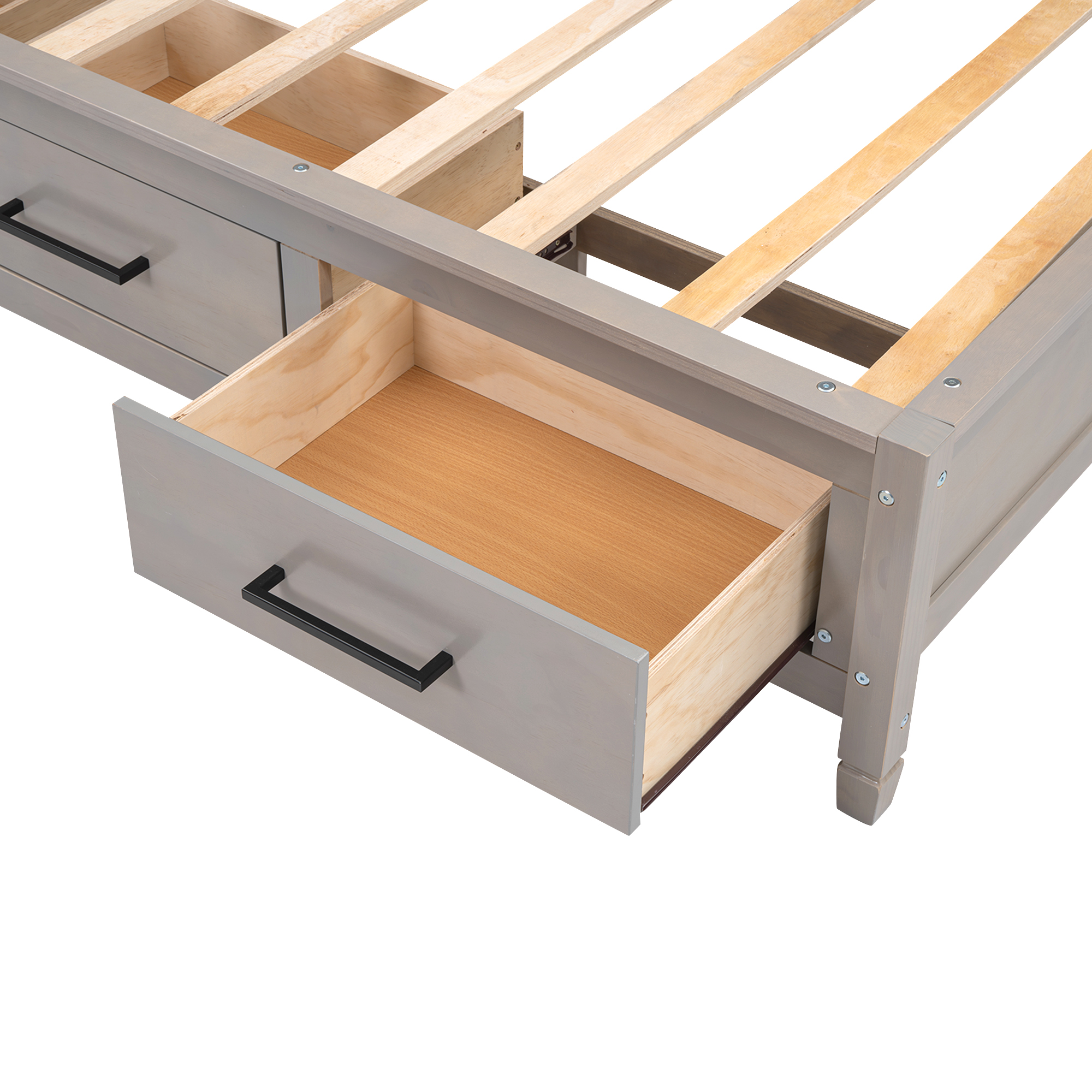 Twin Size Lounge Daybed with Storage Shelves, Cork Board, USB Ports and 3 Drawers, Antique Wood Color/Antique Gray 