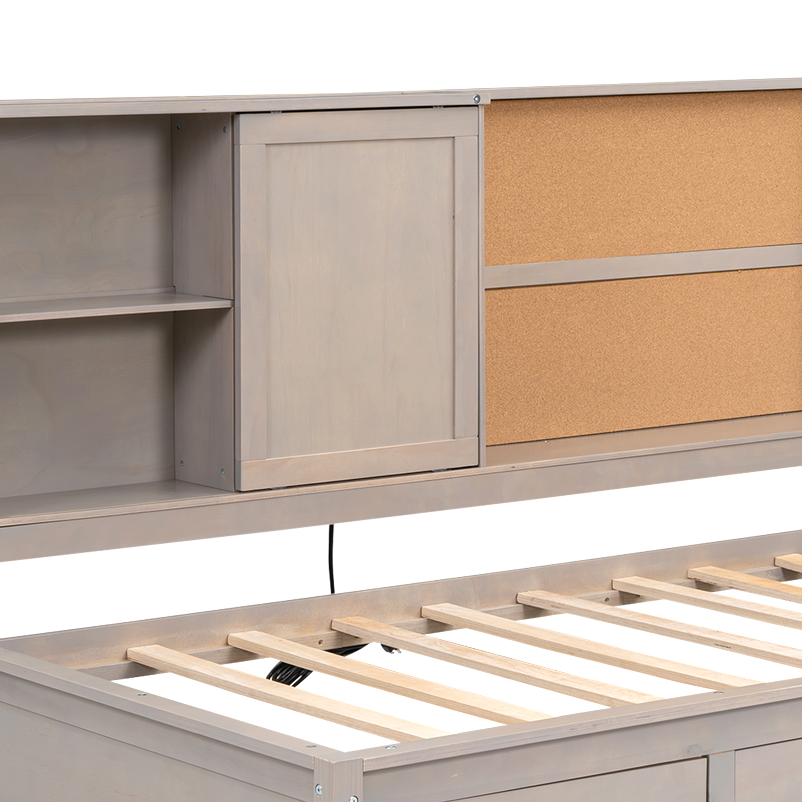 Twin Size Lounge Daybed with Storage Shelves, Cork Board, USB Ports and 3 Drawers, Antique Wood Color/Antique Gray 