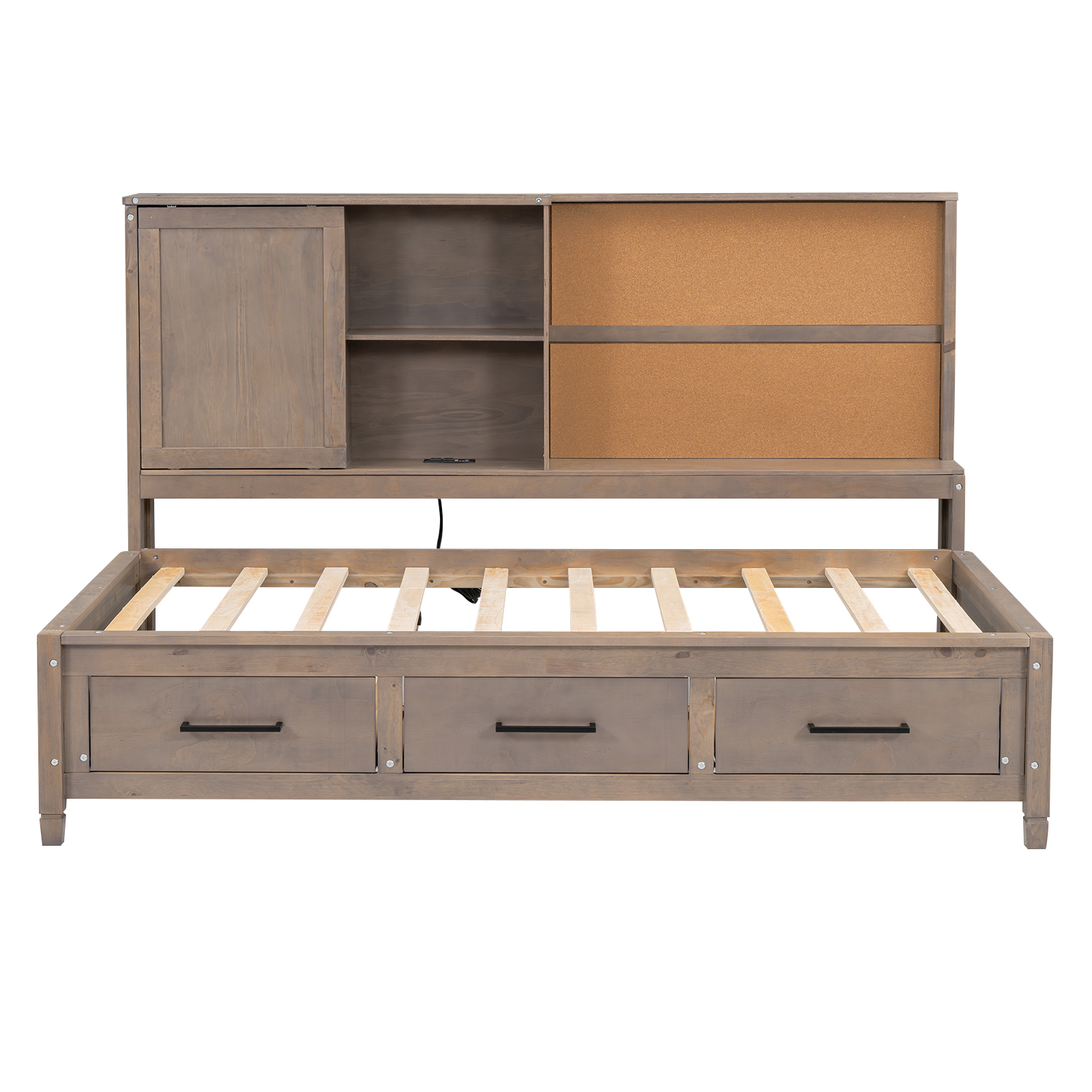 Twin Size Lounge Daybed with Storage Shelves, Cork Board, USB Ports and 3 Drawers, Antique Wood Color/Antique Gray 