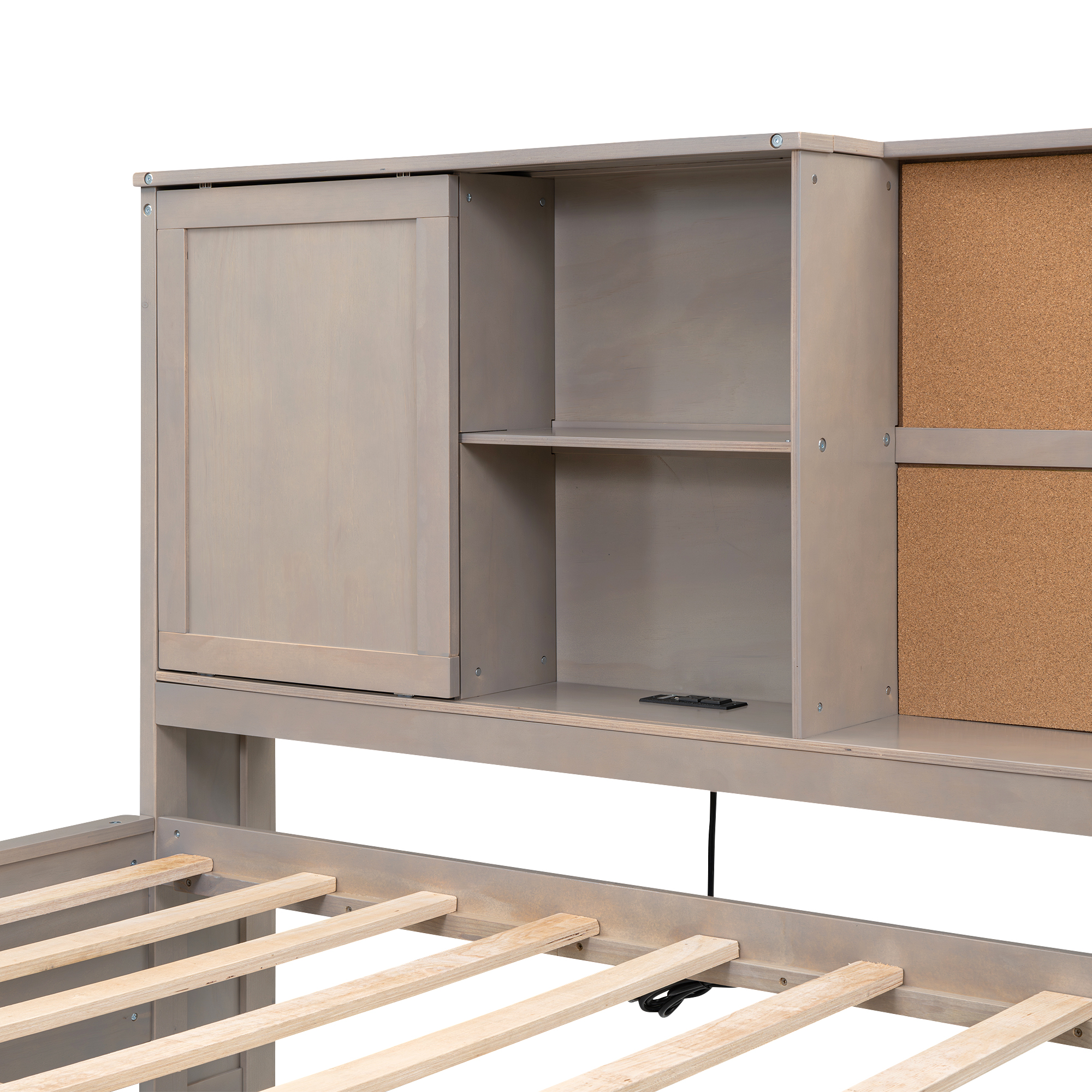 Twin Size Lounge Daybed with Storage Shelves, Cork Board, USB Ports and 3 Drawers, Antique Wood Color/Antique Gray 