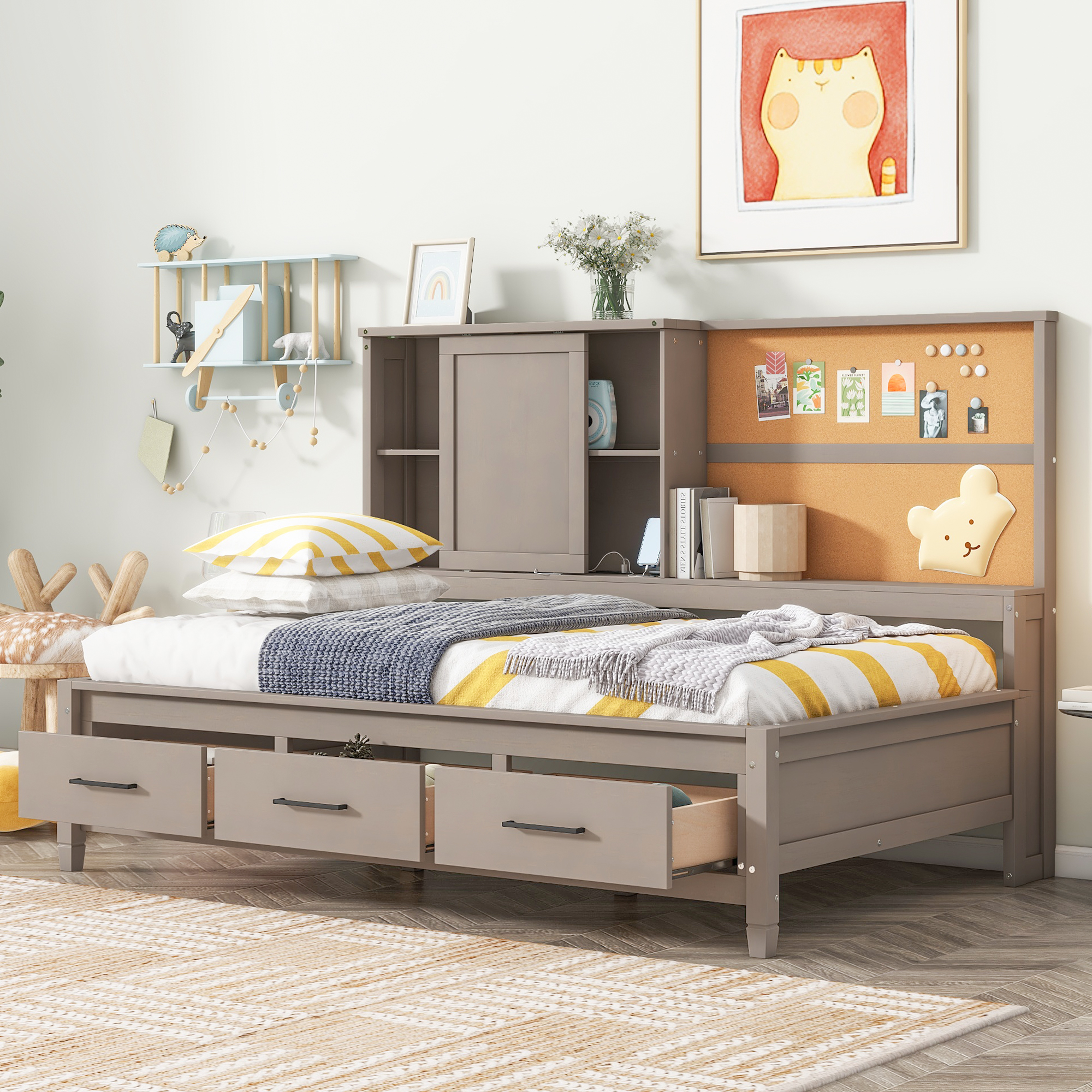 Twin Size Lounge Daybed with Storage Shelves, Cork Board, USB Ports and 3 Drawers, Antique Wood Color/Antique Gray 