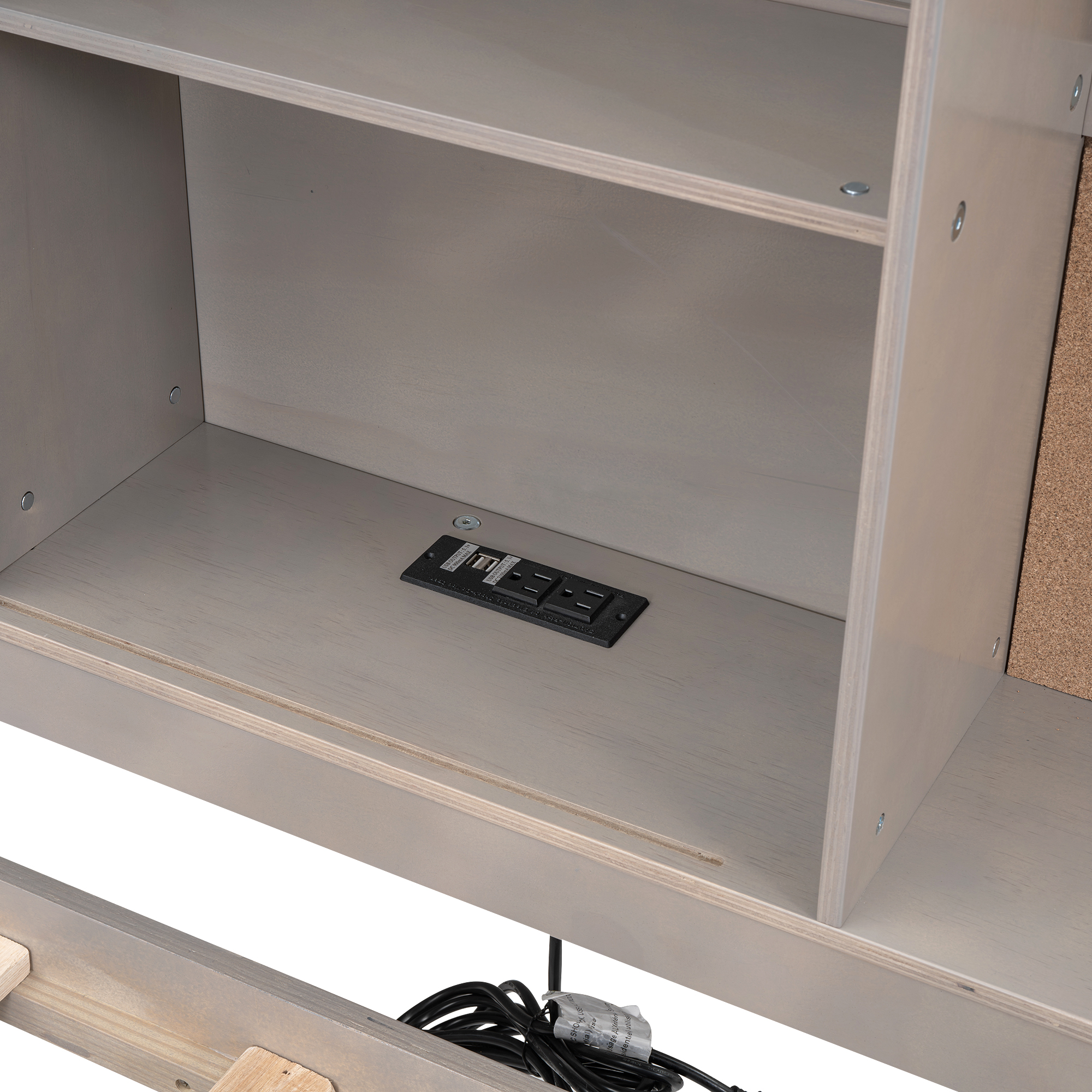 Twin Size Lounge Daybed with Storage Shelves, Cork Board, USB Ports and 3 Drawers, Antique Wood Color/Antique Gray 