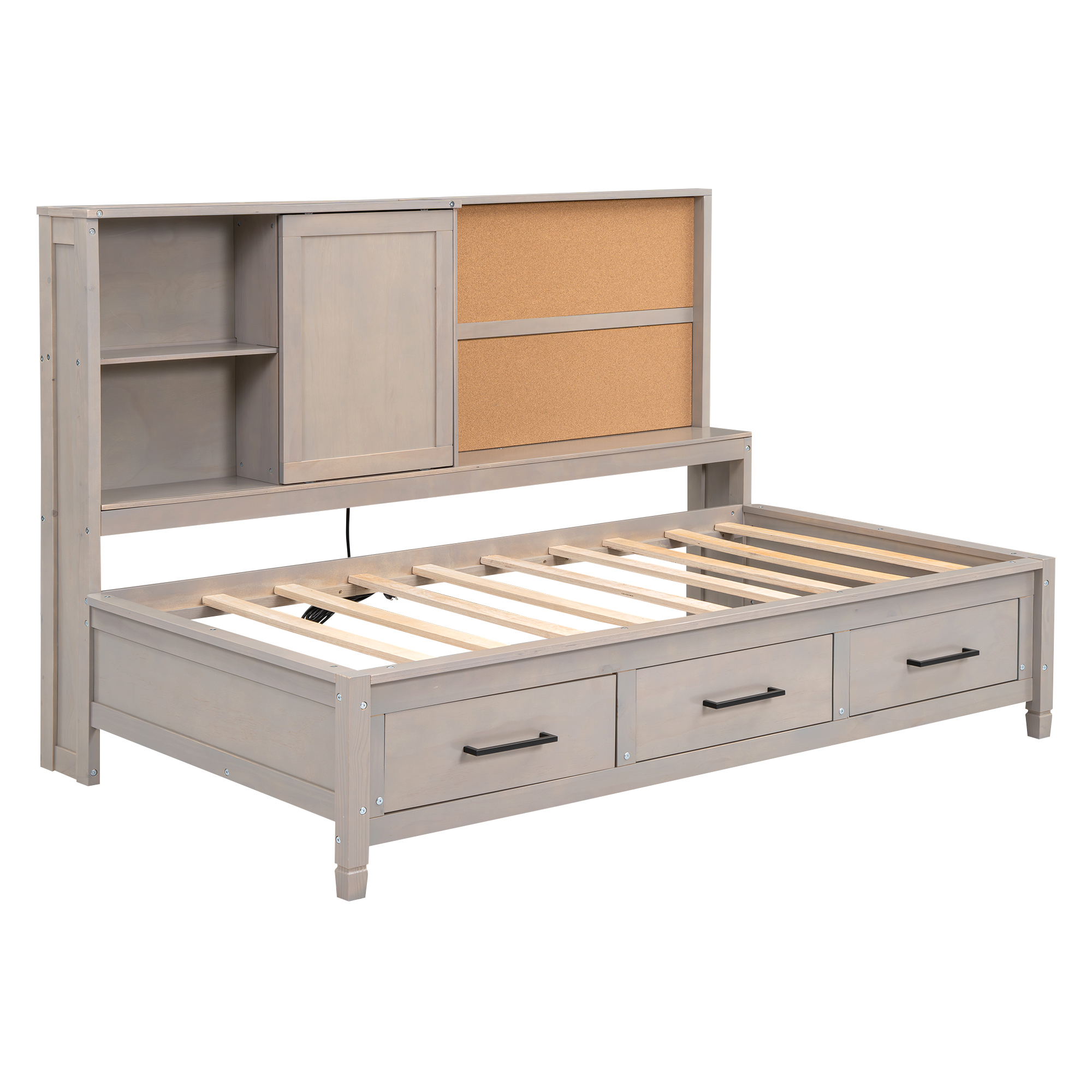 Twin Size Lounge Daybed with Storage Shelves, Cork Board, USB Ports and 3 Drawers, Antique Wood Color/Antique Gray 