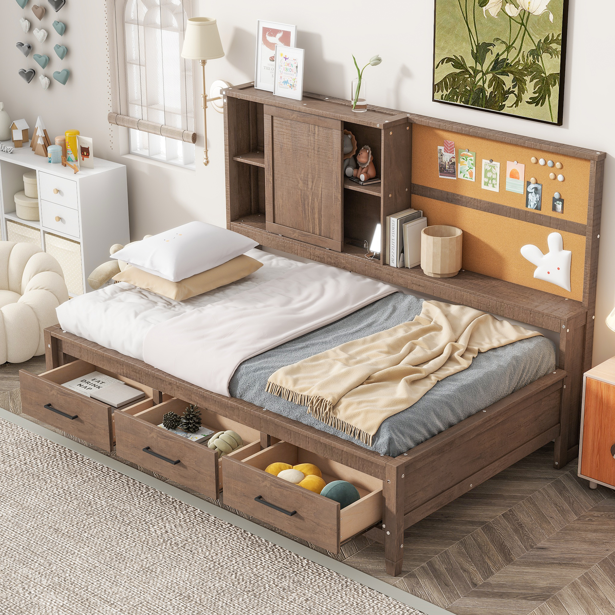 Twin Size Lounge Daybed with Storage Shelves, Cork Board, USB Ports and 3 Drawers, Antique Wood Color/Antique Gray 