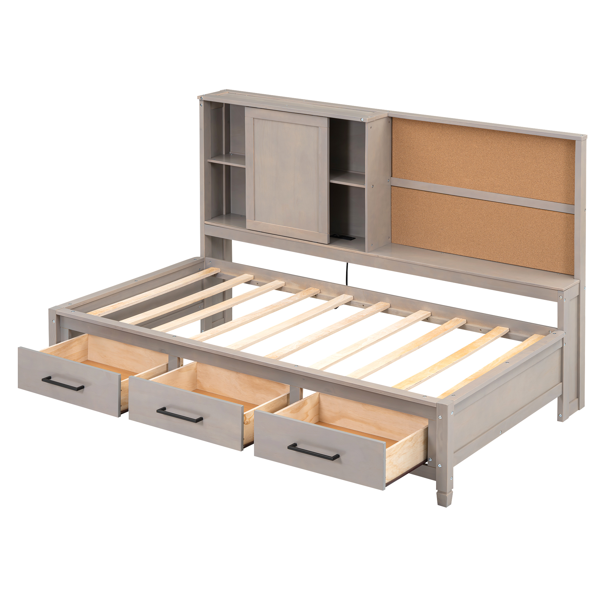 Twin Size Lounge Daybed with Storage Shelves, Cork Board, USB Ports and 3 Drawers, Antique Wood Color/Antique Gray 