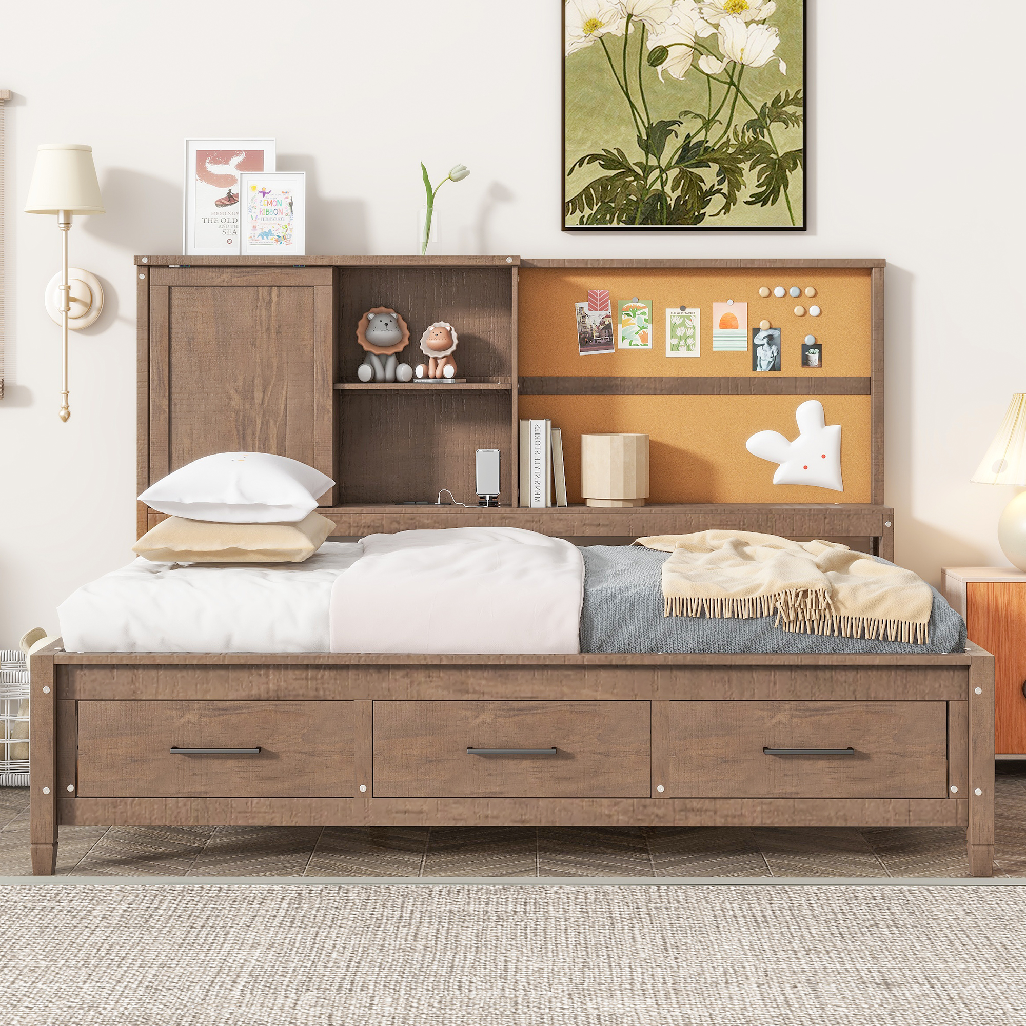 Twin Size Lounge Daybed with Storage Shelves, Cork Board, USB Ports and 3 Drawers, Antique Wood Color/Antique Gray 