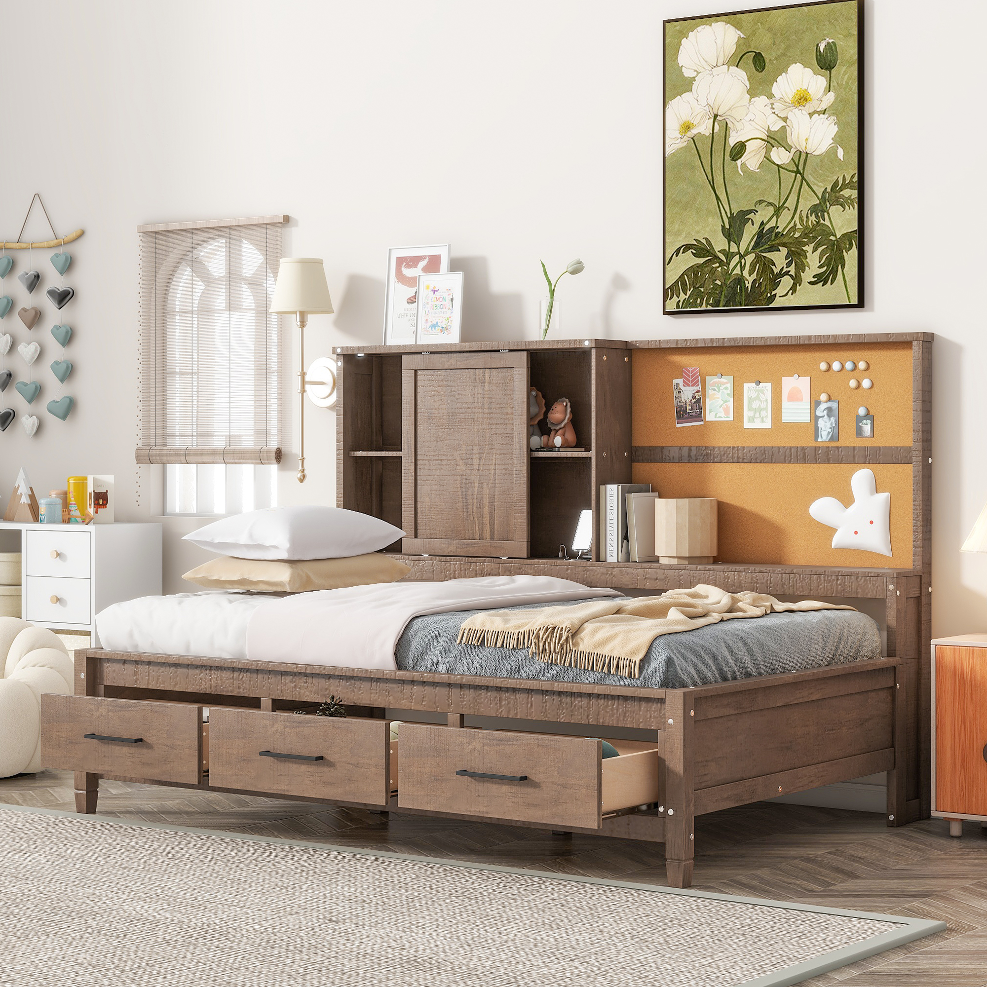 Twin Size Lounge Daybed with Storage Shelves, Cork Board, USB Ports and 3 Drawers, Antique Wood Color/Antique Gray 