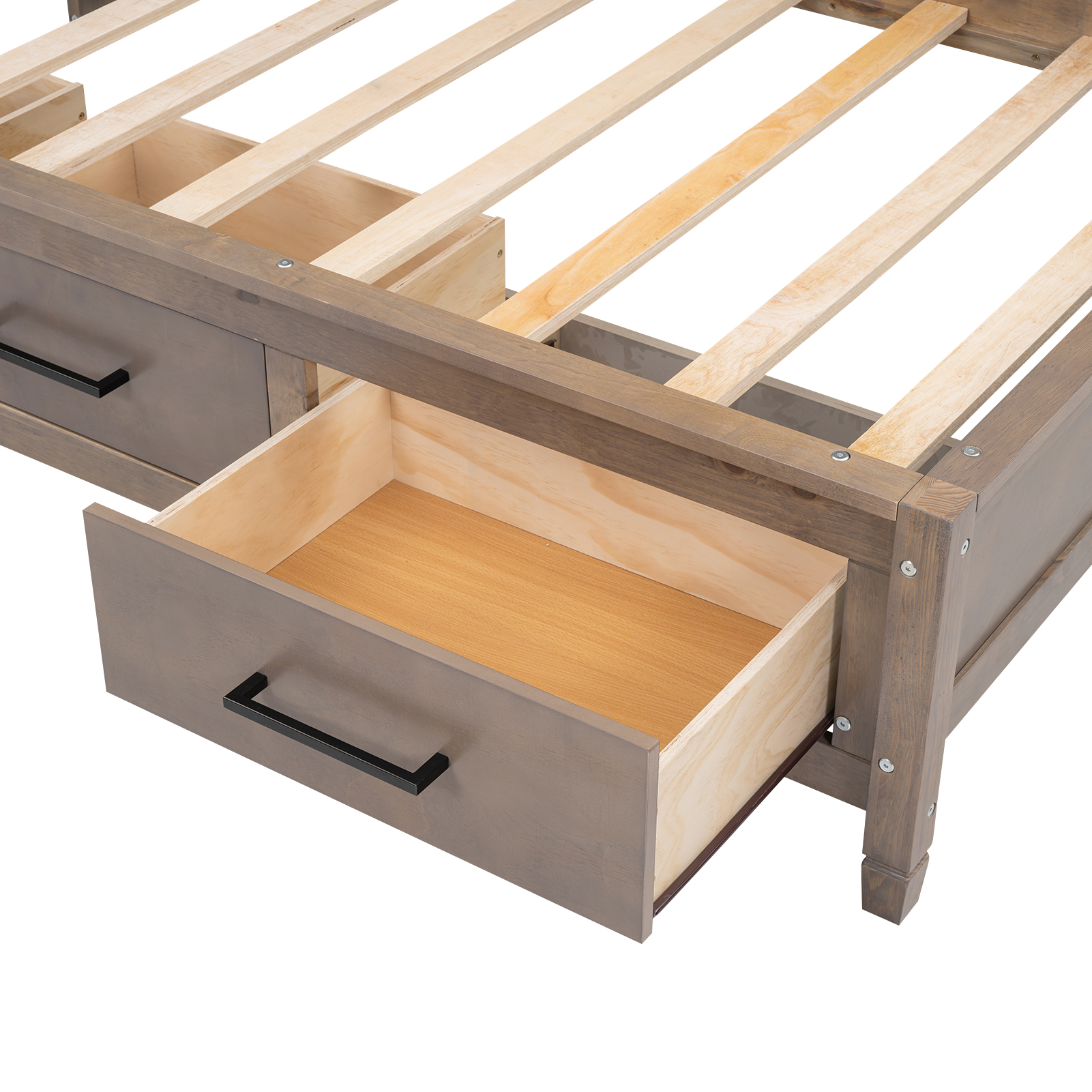 Twin Size Lounge Daybed with Storage Shelves, Cork Board, USB Ports and 3 Drawers, Antique Wood Color/Antique Gray 