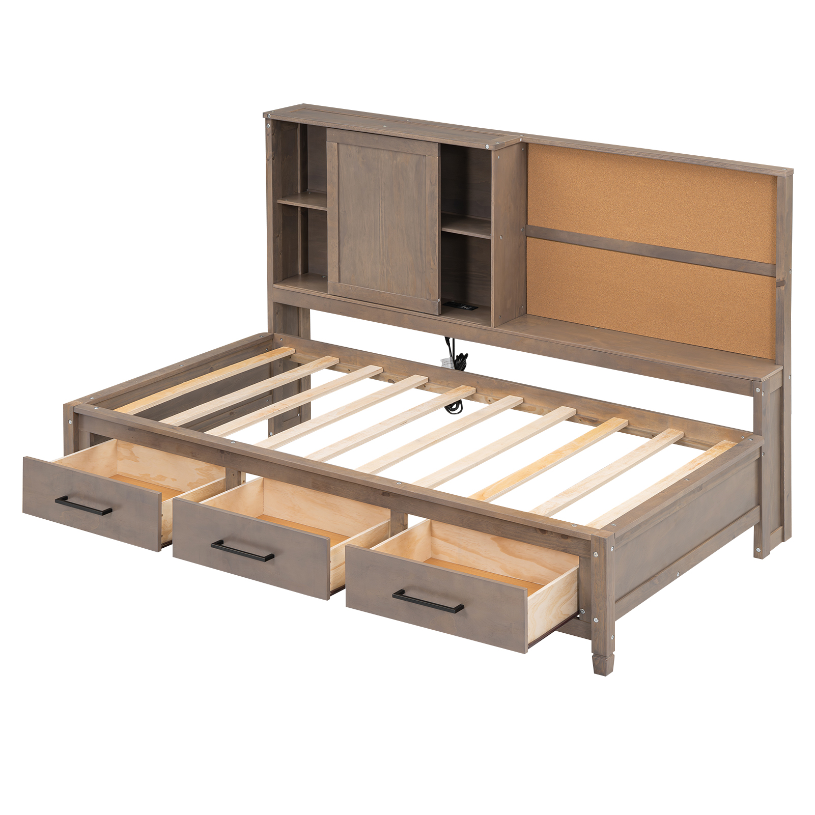Twin Size Lounge Daybed with Storage Shelves, Cork Board, USB Ports and 3 Drawers, Antique Wood Color/Antique Gray 