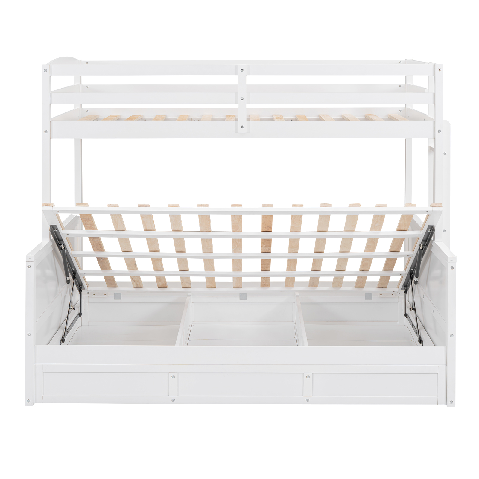 Wood Twin over Full Bunk Bed with Hydraulic Lift Up Storage, White 