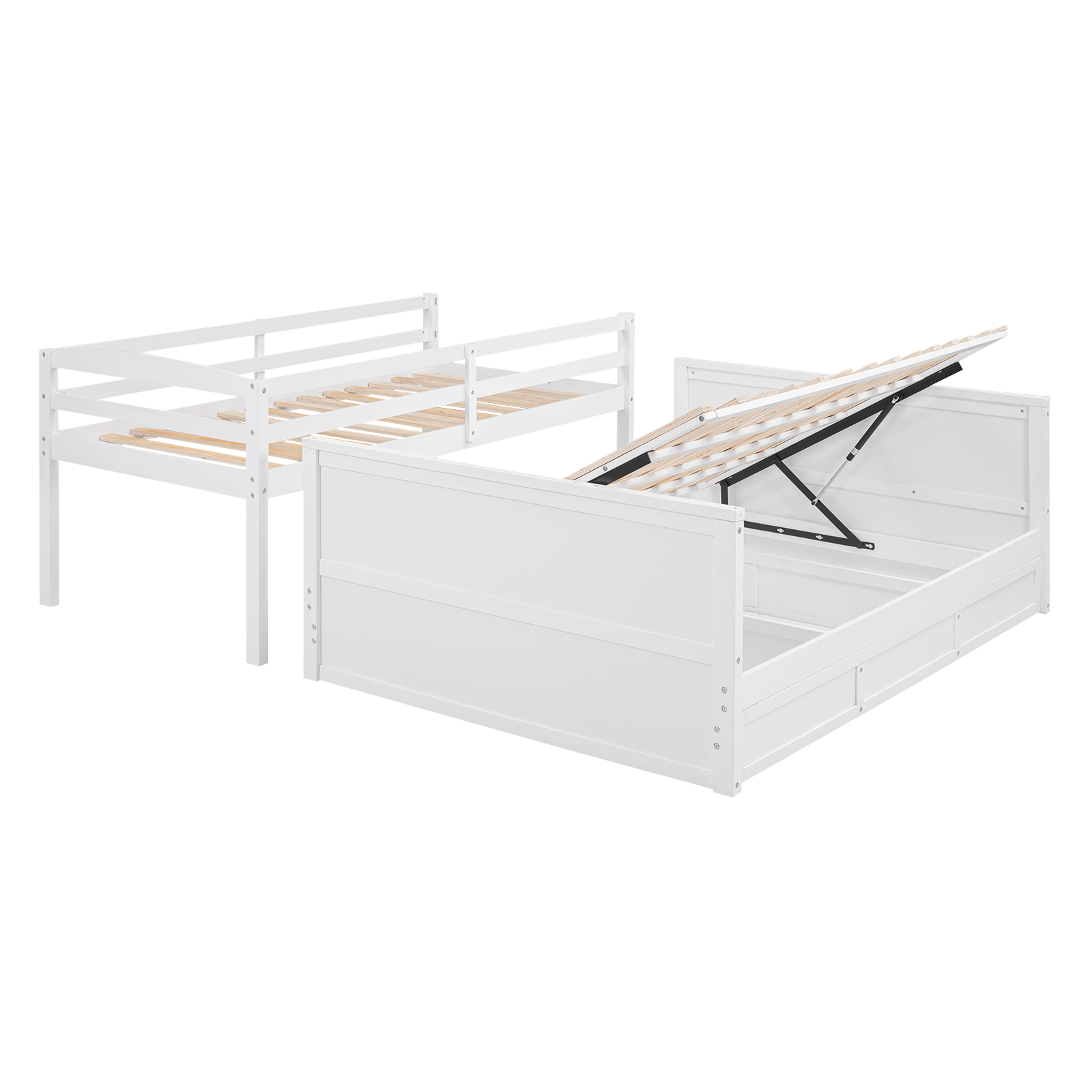 Wood Twin over Full Bunk Bed with Hydraulic Lift Up Storage, White 