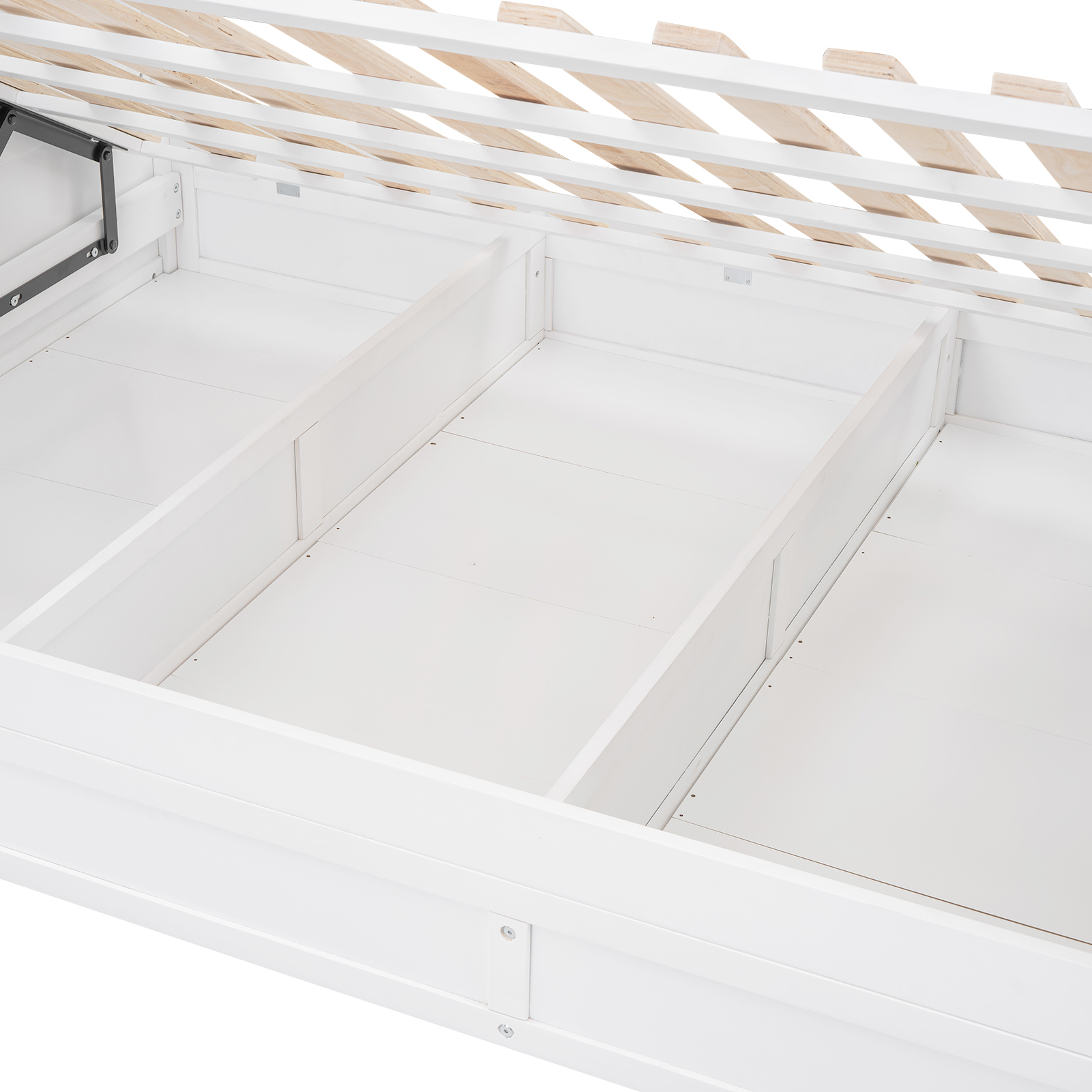 Wood Twin over Full Bunk Bed with Hydraulic Lift Up Storage, White 