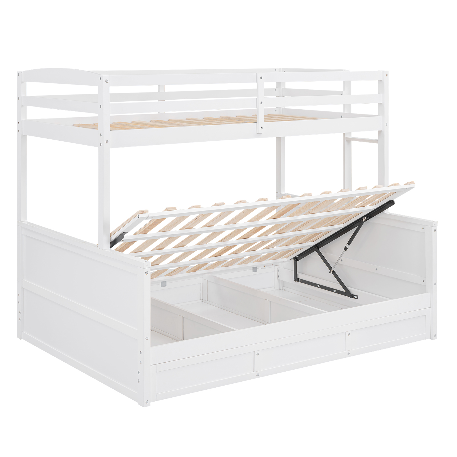 Wood Twin over Full Bunk Bed with Hydraulic Lift Up Storage, White 
