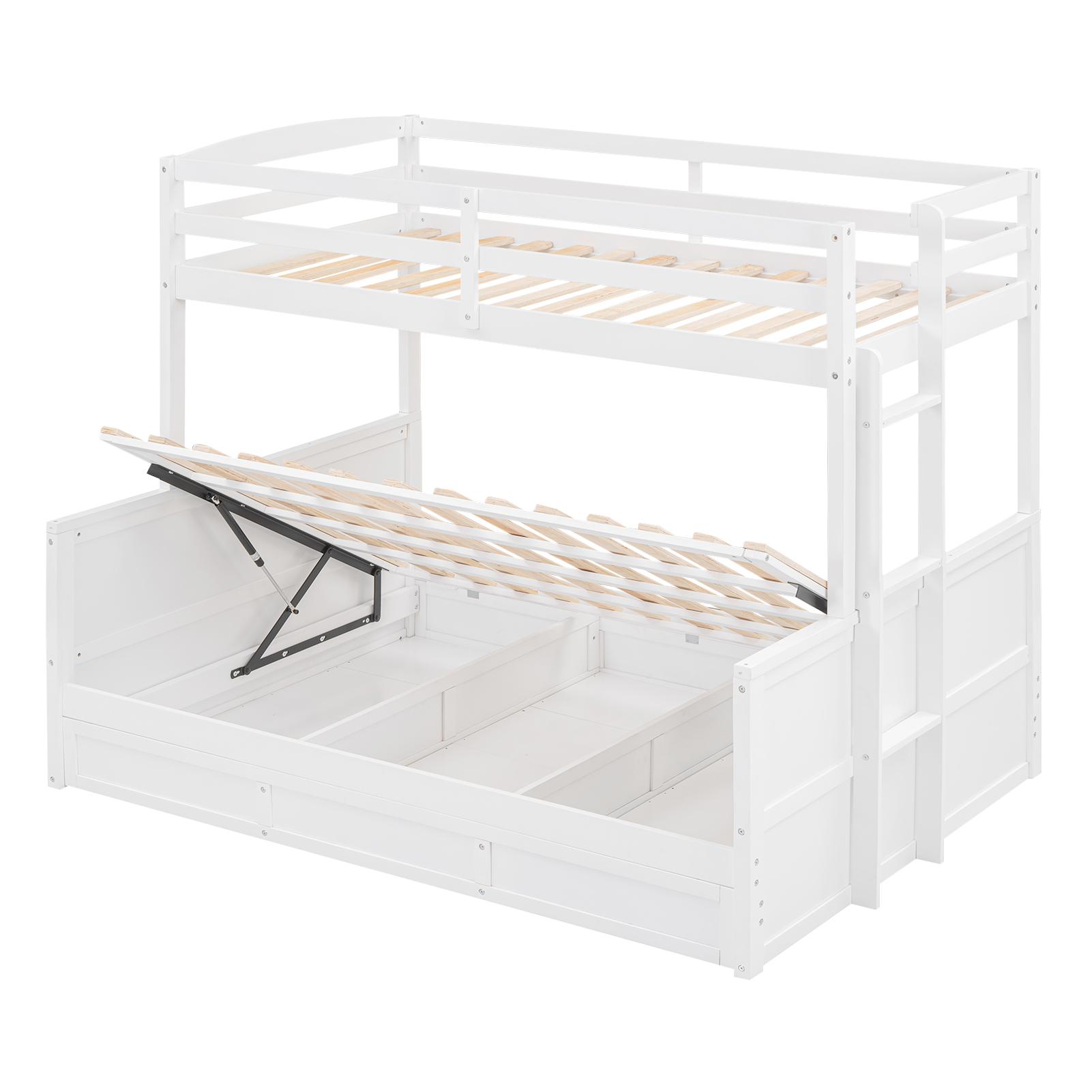 Wood Twin over Full Bunk Bed with Hydraulic Lift Up Storage, White 