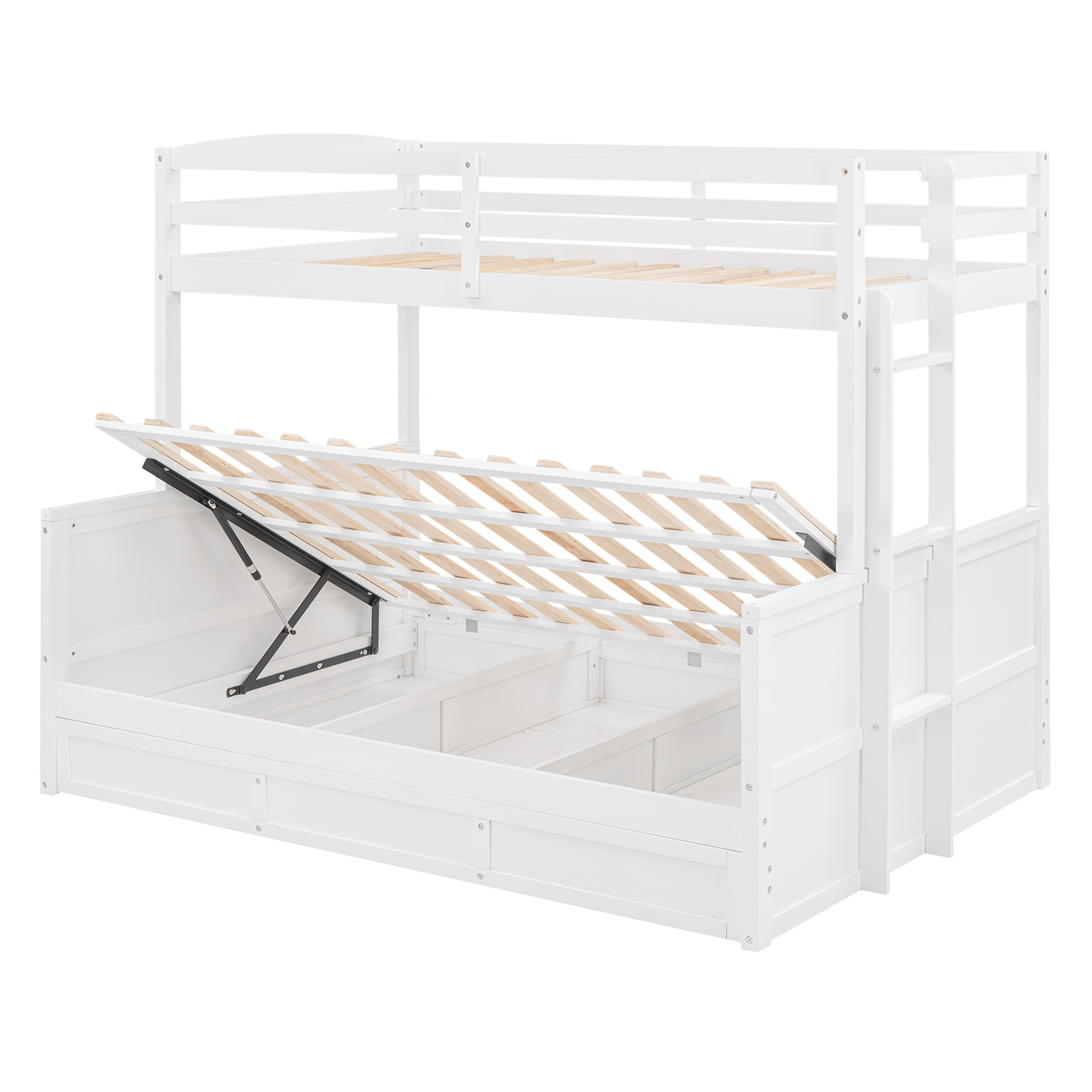Wood Twin over Full Bunk Bed with Hydraulic Lift Up Storage, White 