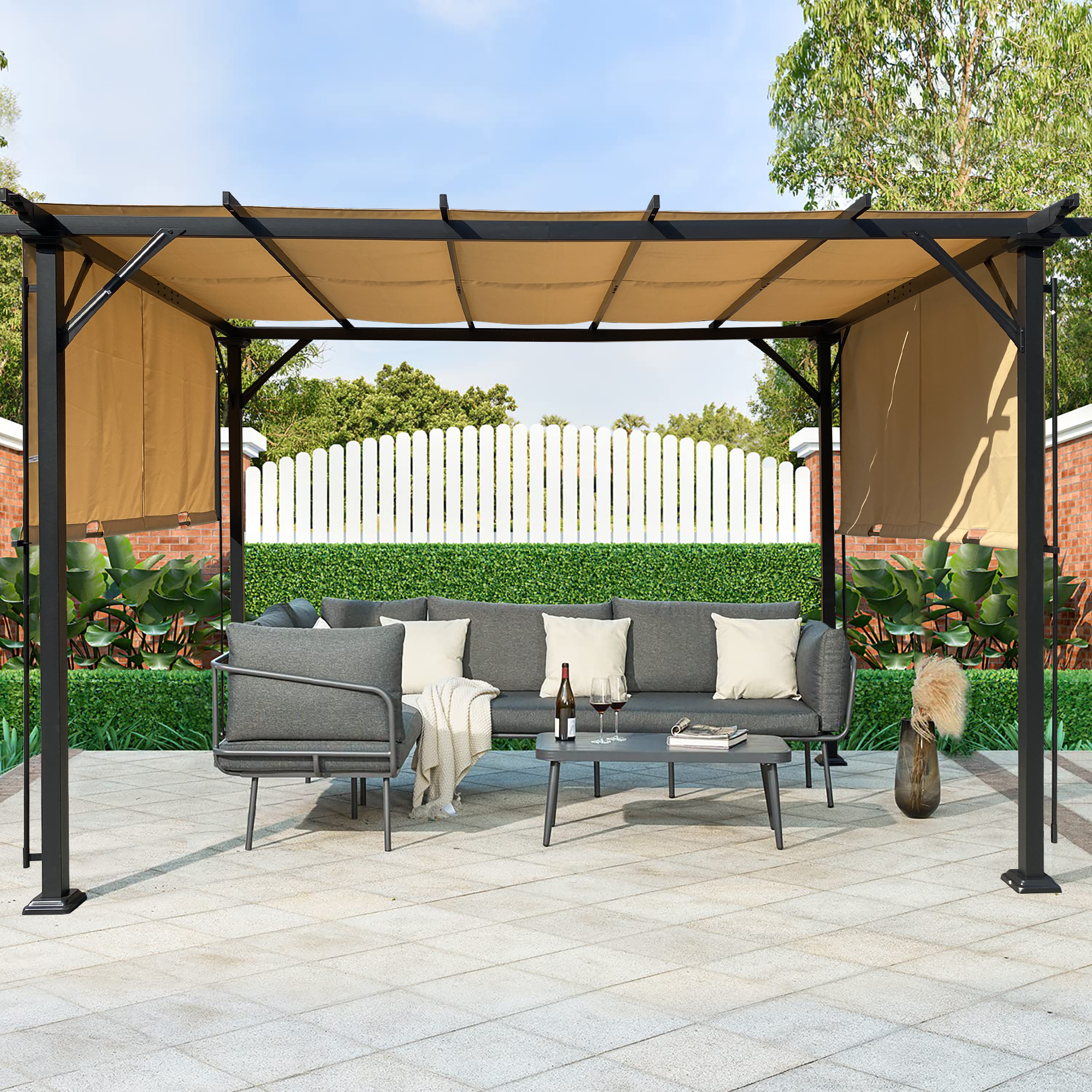 9.5 x 12 Ft Outdoor Pergola Patio Gazebo,Retractable Shade Canopy,Steel Frame Grape Gazebo,Sunshelter Pergola for Gardens,Terraces,Backyard-Khaki