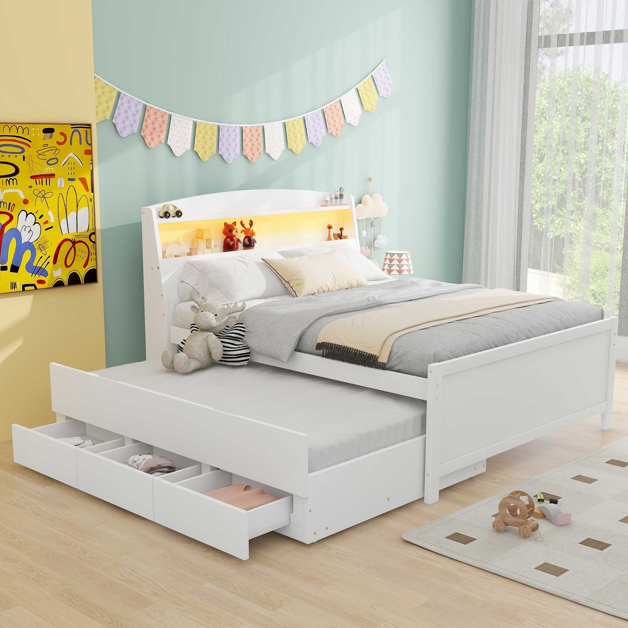 Full Size Platform Bed with Storage LED Headboard, Twin Size Trundle and 3 Drawers, White 