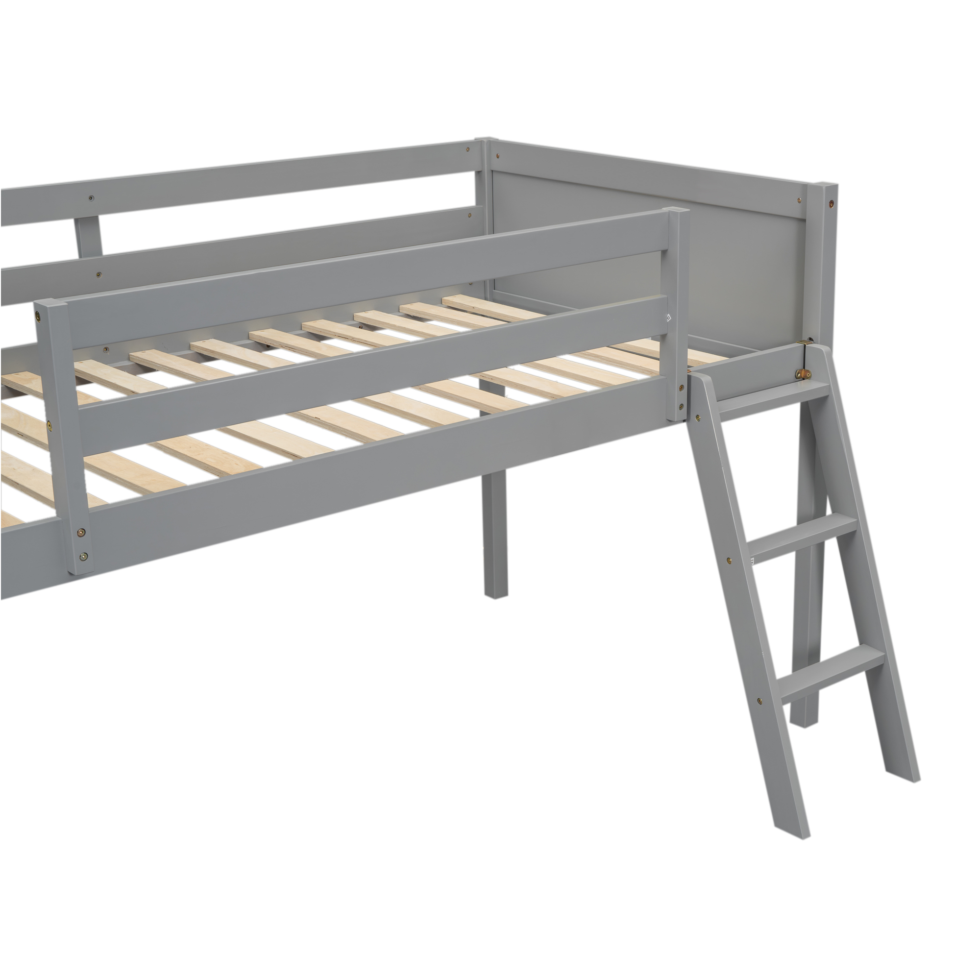 Twin Size Wood Low Loft Bed with Ladder, ladder can be placed on the left or right, Gray/White 