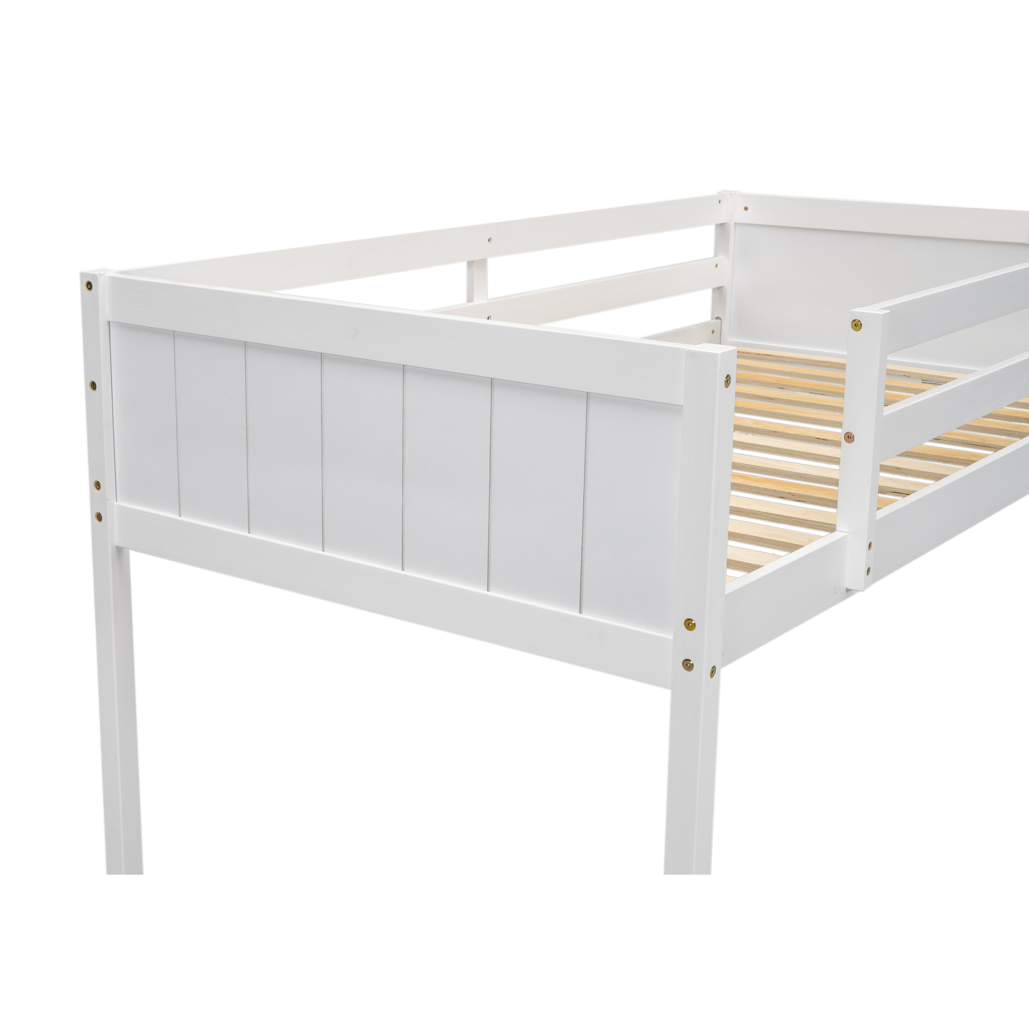 Twin Size Wood Low Loft Bed with Ladder, ladder can be placed on the left or right, Gray/White 