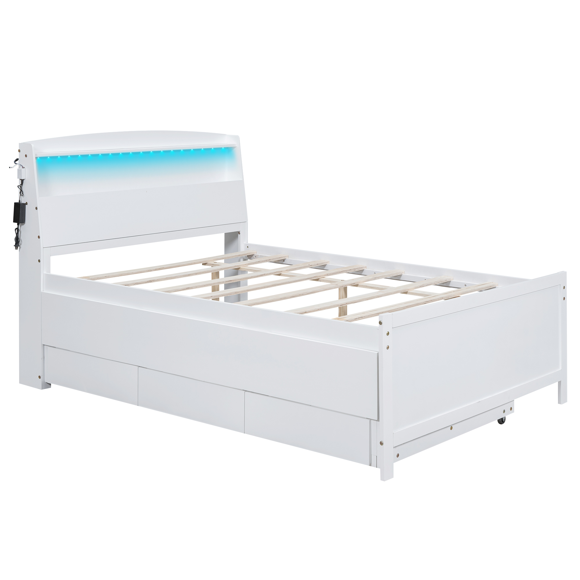 Full Size Platform Bed with Storage LED Headboard, Twin Size Trundle and 3 Drawers, White 