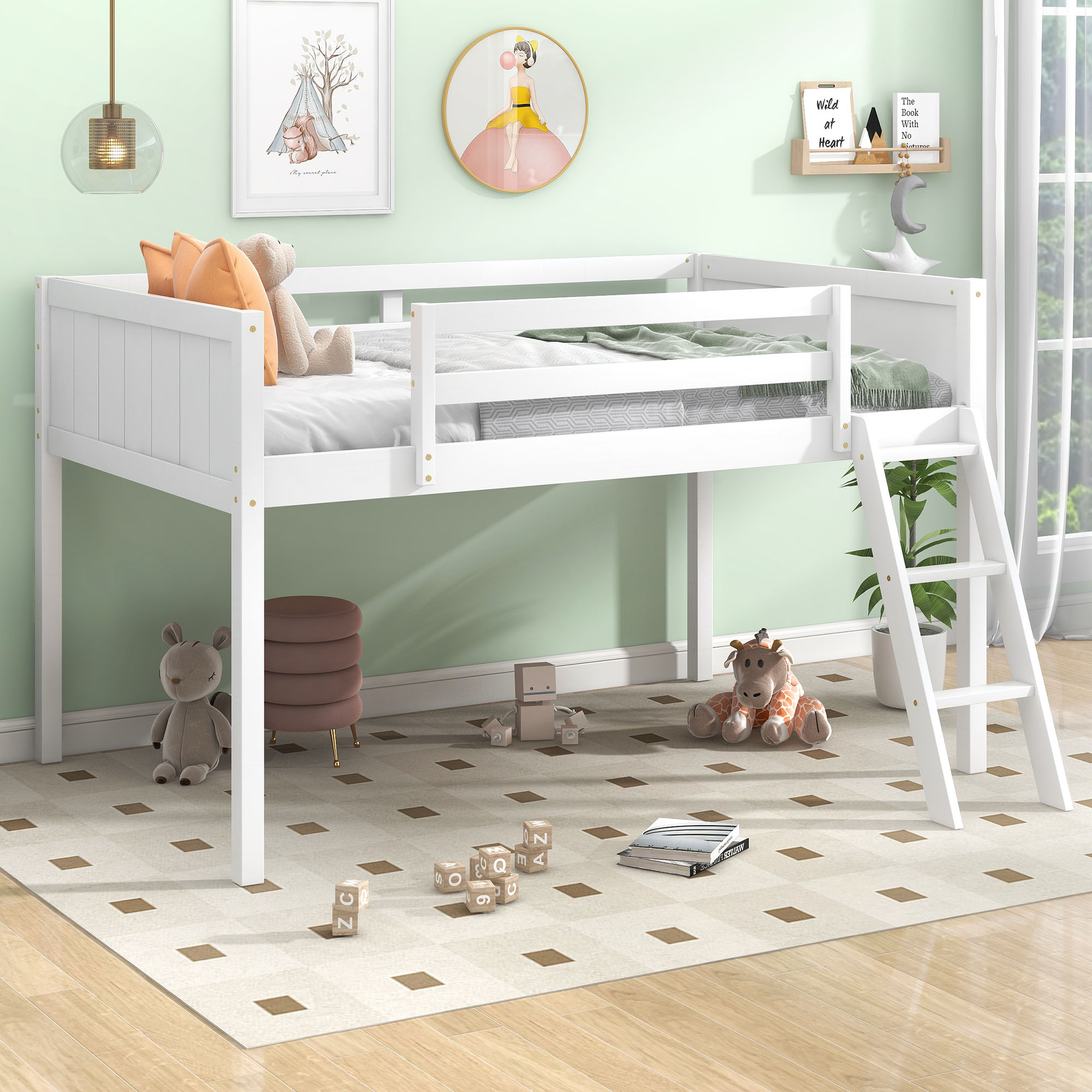 Twin Size Wood Low Loft Bed with Ladder, ladder can be placed on the left or right, Gray/White 