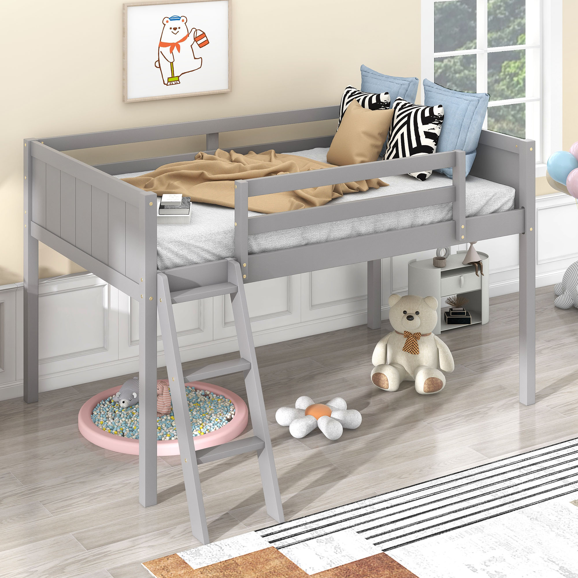 Twin Size Wood Low Loft Bed with Ladder, ladder can be placed on the left or right, Gray/White 