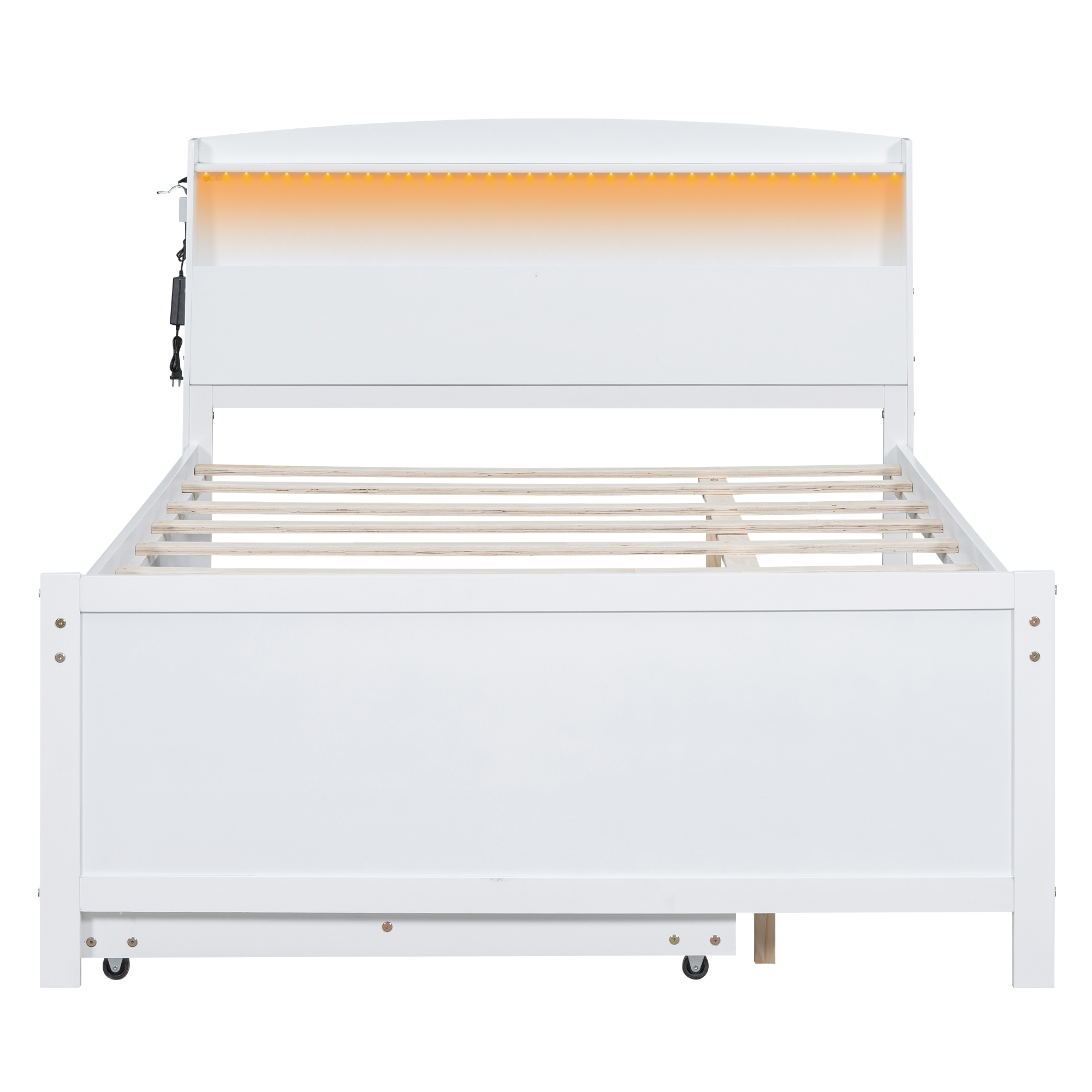 Full Size Platform Bed with Storage LED Headboard, Twin Size Trundle and 3 Drawers, White 