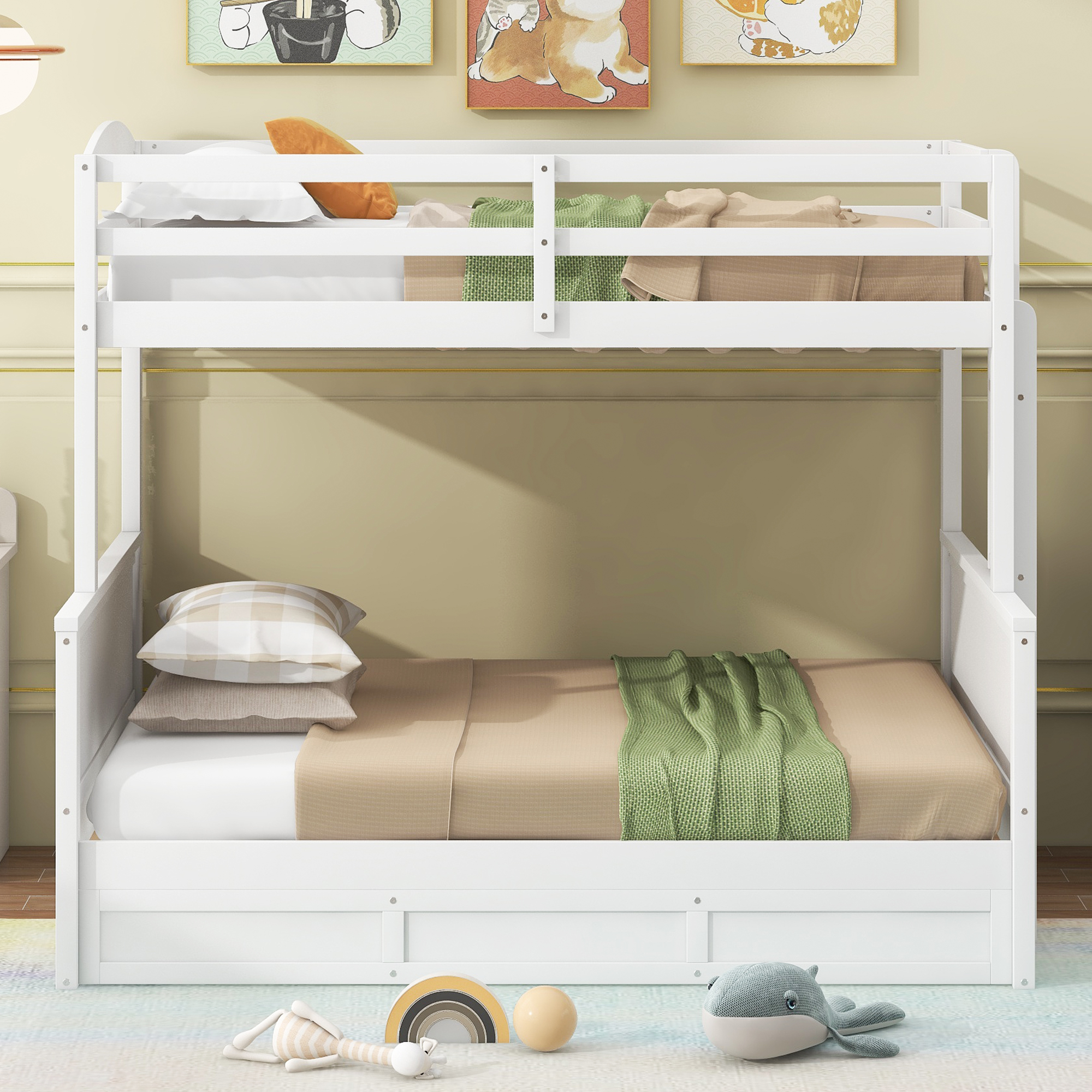 Wood Twin over Full Bunk Bed with Hydraulic Lift Up Storage, White 