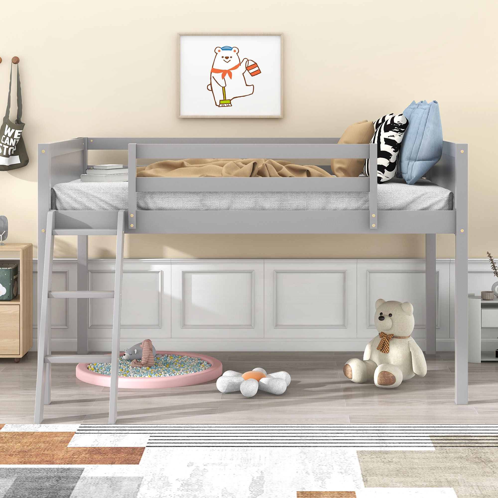 Twin Size Wood Low Loft Bed with Ladder, ladder can be placed on the left or right, Gray/White 