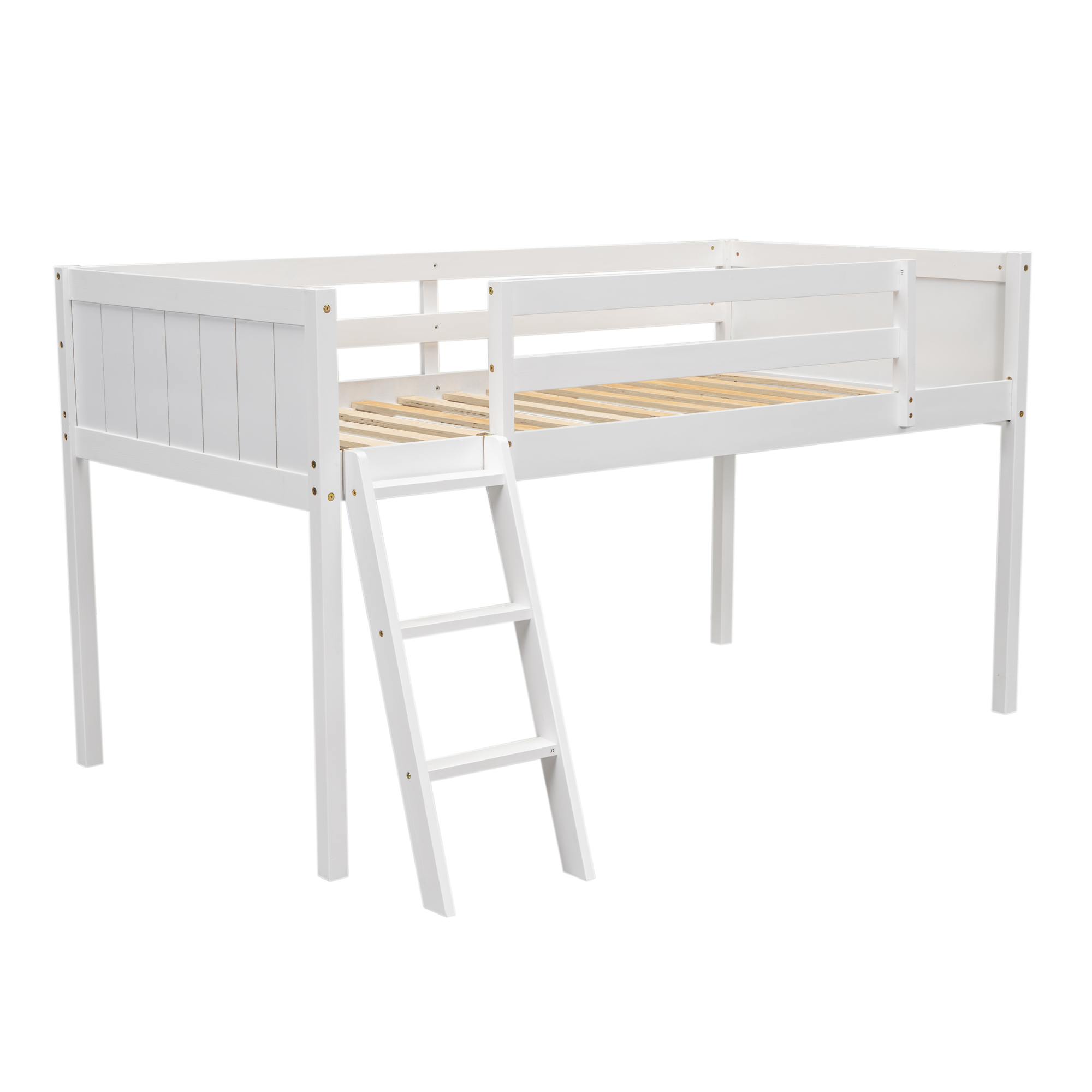 Twin Size Wood Low Loft Bed with Ladder, ladder can be placed on the left or right, Gray/White 