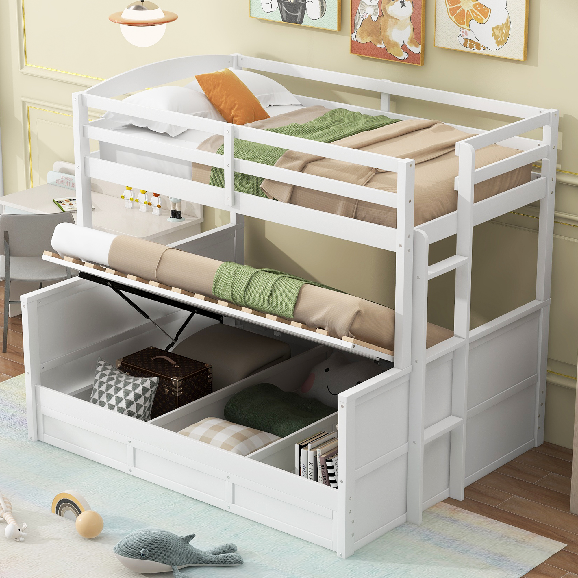 Wood Twin over Full Bunk Bed with Hydraulic Lift Up Storage, White 