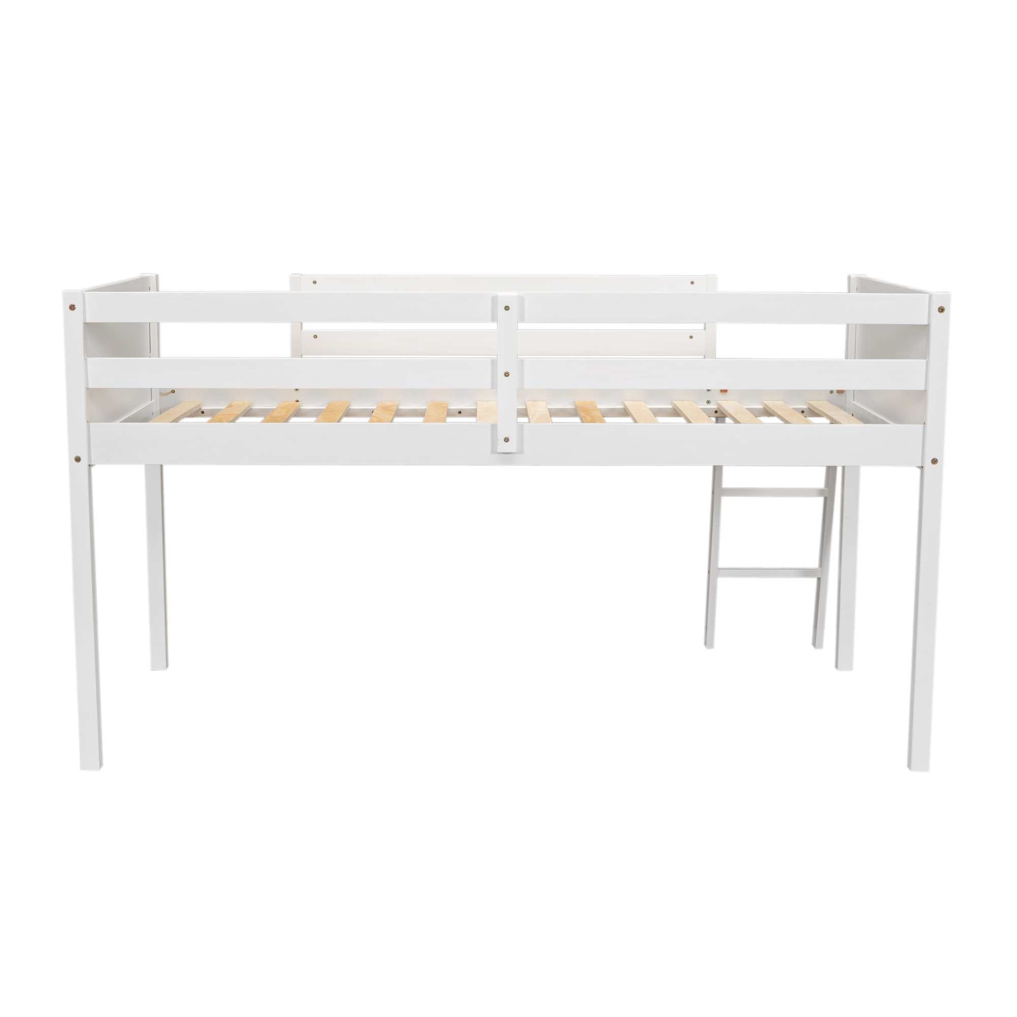 Twin Size Wood Low Loft Bed with Ladder, ladder can be placed on the left or right, Gray/White 