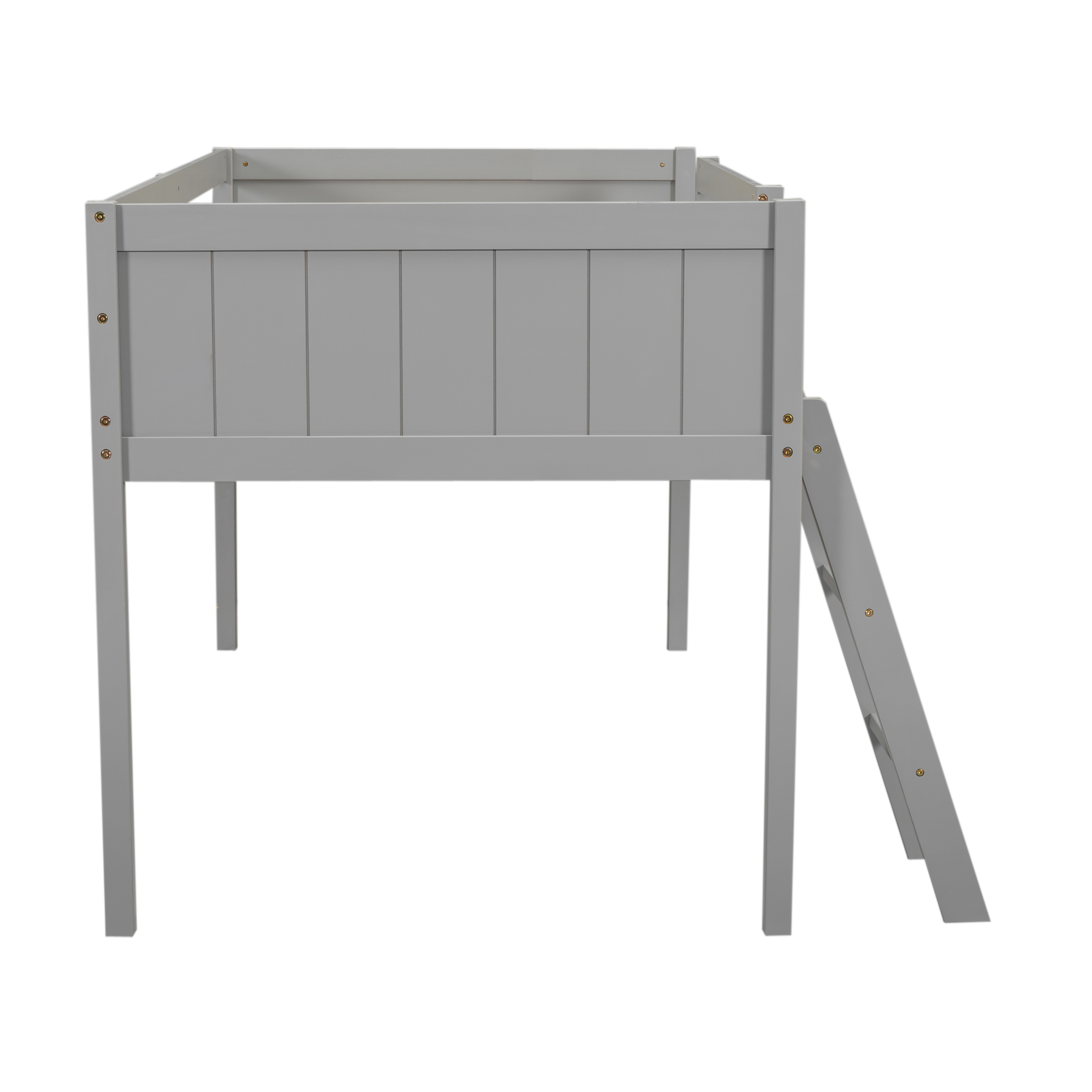 Twin Size Wood Low Loft Bed with Ladder, ladder can be placed on the left or right, Gray/White 